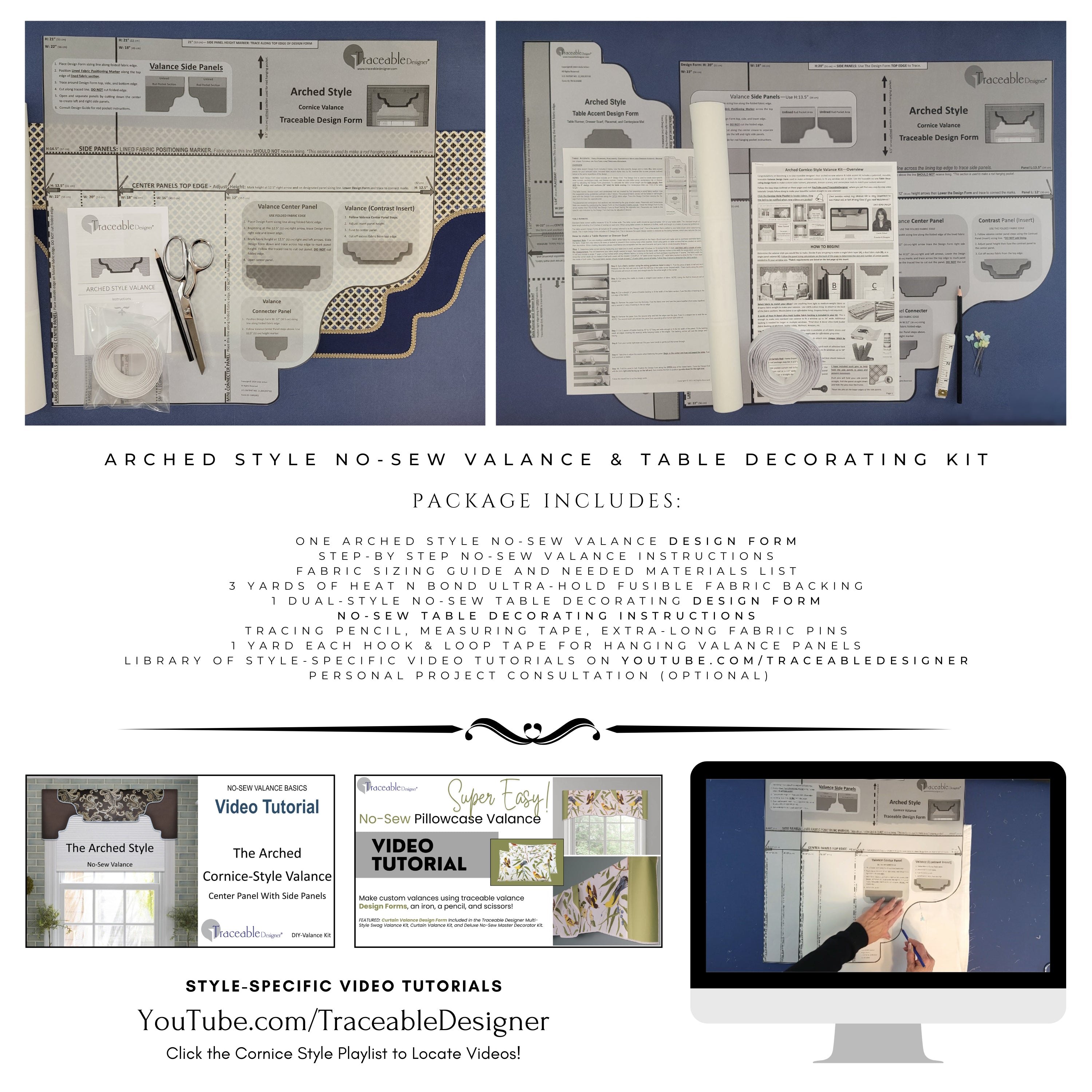 Traceable Designer arched no-sew rod pocket valance kit. Lined cornice styles are great for room darkening. Traceable design forms are the perfect sewing alternative for DIY projects. Use a standard curtain rod. Fit all window sizes.