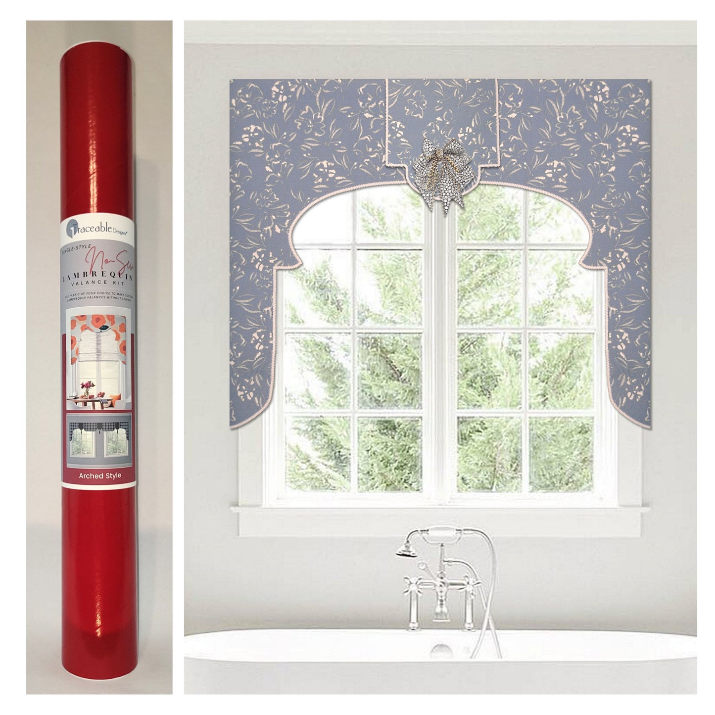 Traceable Designer arched no-sew rod pocket valance kit. Lined Lambrequin cornice styles are great for room darkening. Traceable design forms are the perfect sewing alternative for DIY projects. Use a standard curtain rod. Fit all window sizes.