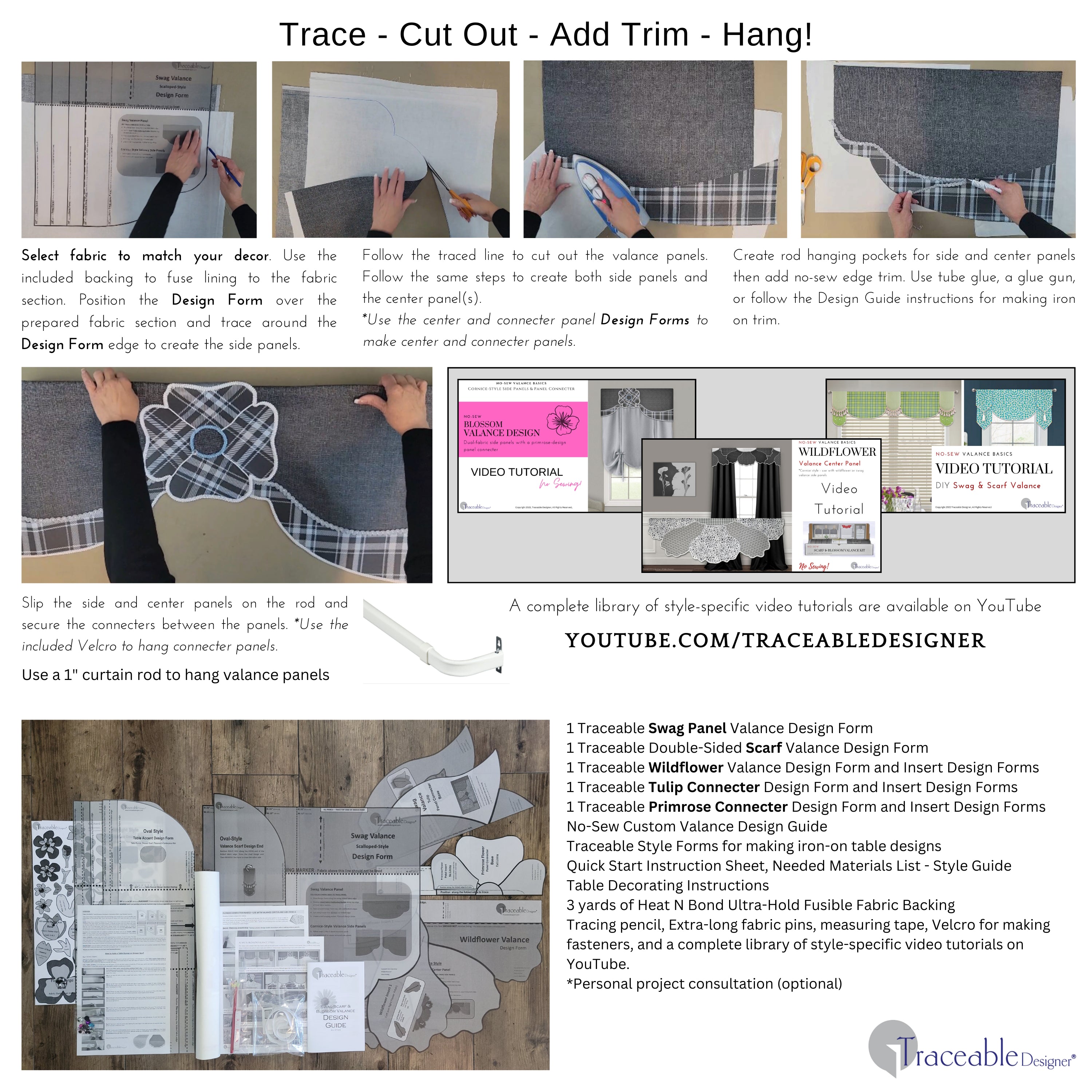 Make unique flower valances, swag scarf curtains, and cornice style window treatments without using a sewing machine! Traceable Designer swag, scarf, and blossom valance kit includes traceable valance design forms to help you transform any fabric into professional-looking custom valances without sewing. Hang valances using standard curtain rods.