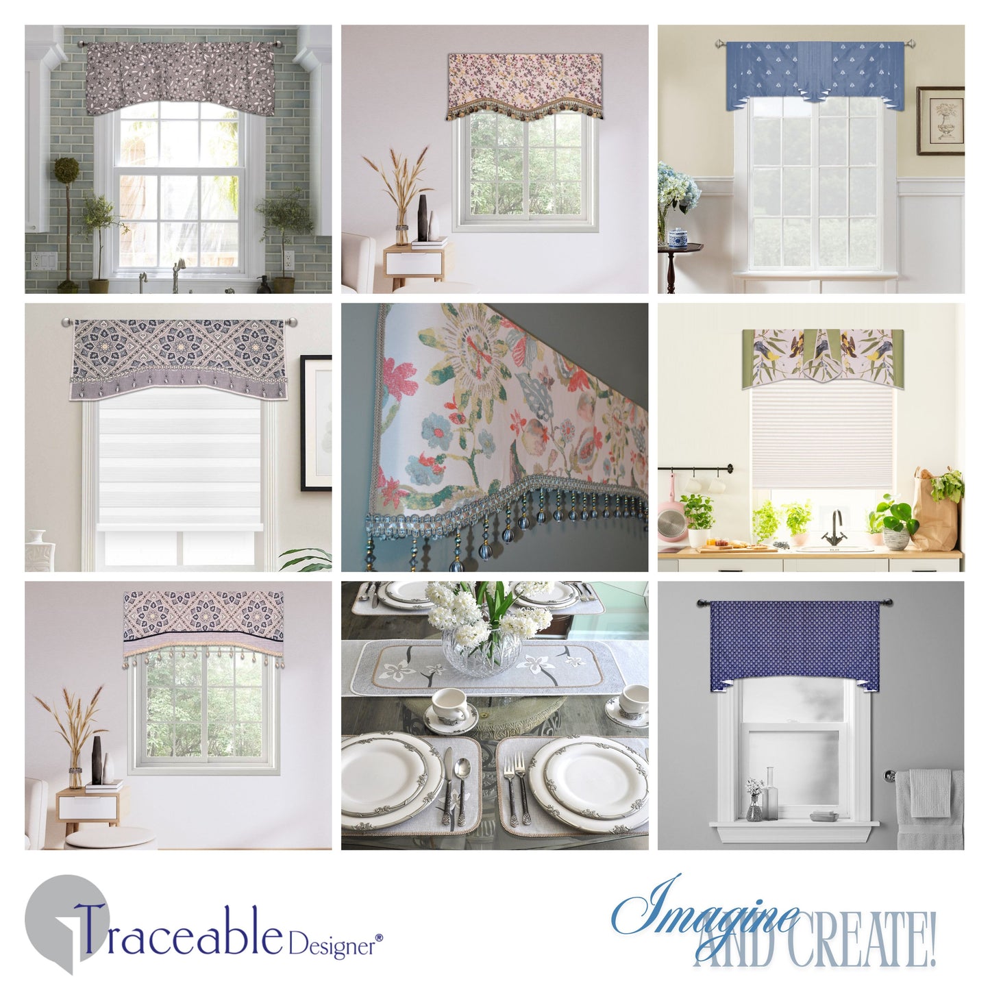 Traceable Designer no-sew pleated gathered curtain, and cornice valance kit. Make custom window treatments without sewing. Lined panels include a rod pocket for hanging on a curtain rod. Topper for louvered blinds, shades, drapes, curtains.