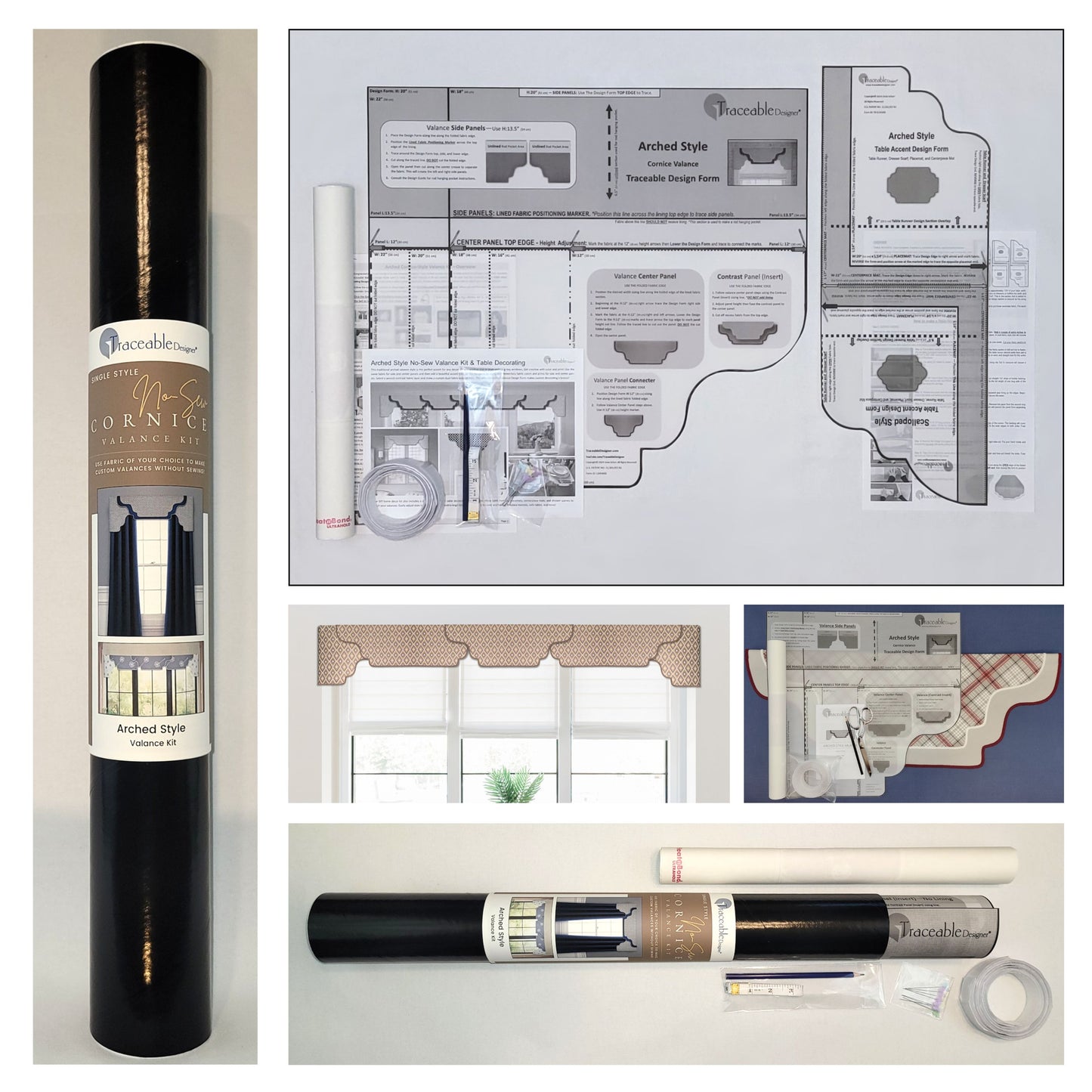 Traceable Designer arched no-sew rod pocket valance kit. Lined cornice styles are great for room darkening. Traceable design forms are the perfect sewing alternative for DIY projects. Use a standard curtain rod. Fit all window sizes.
