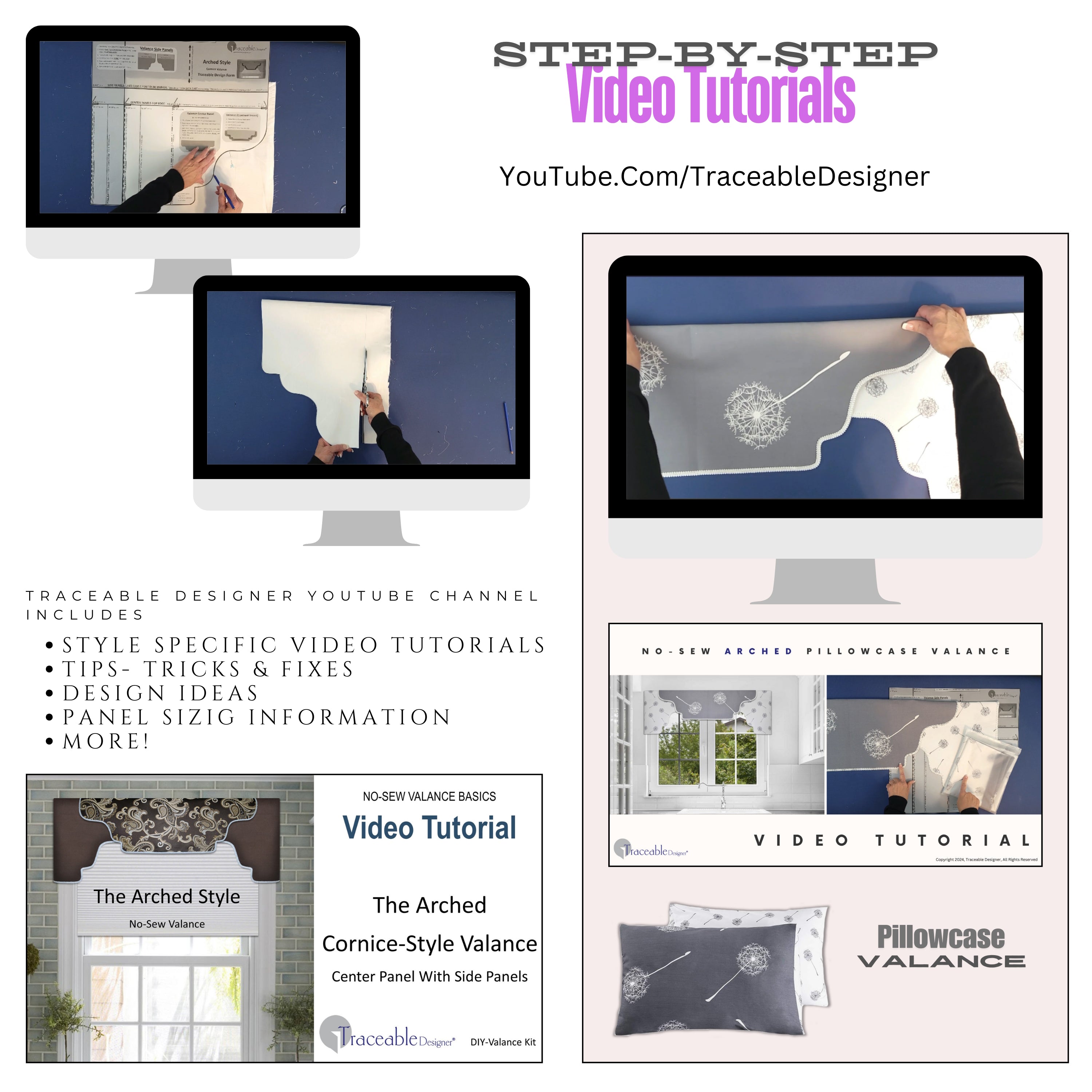 Traceable Designer arched no-sew valance kit. Video tutorials available on Youtube.com. Traceable design forms are the perfect sewing alternative for DIY projects. Use a standard curtain rod. Fit all window sizes. Reusable for unlimited decorating.