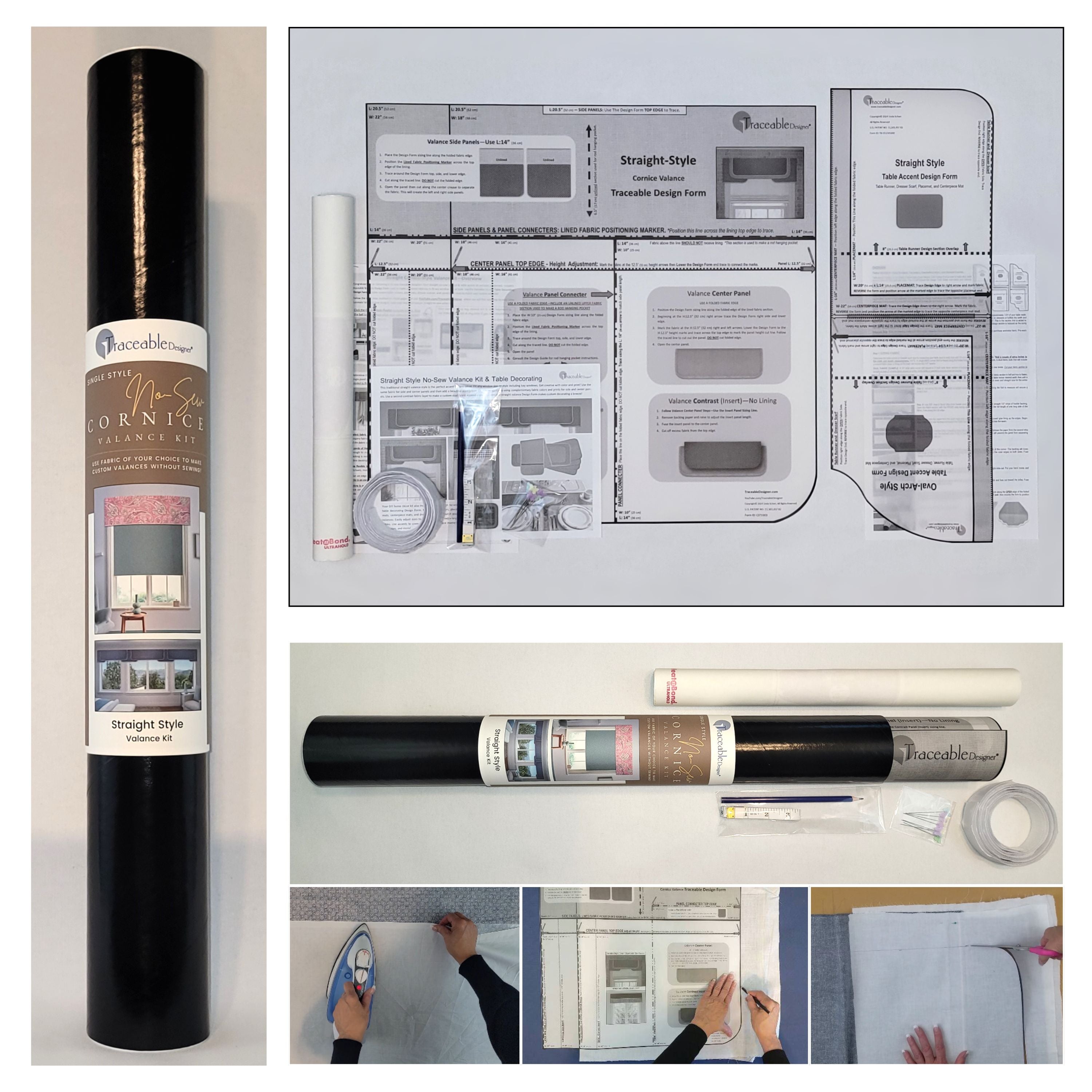 Traceable Designer straight no-sew rod pocket valance kit. Lined Lambrequin cornice styles are great for room darkening. Traceable design forms are the perfect sewing alternative for DIY projects. Use a standard curtain rod. Fit all window sizes.