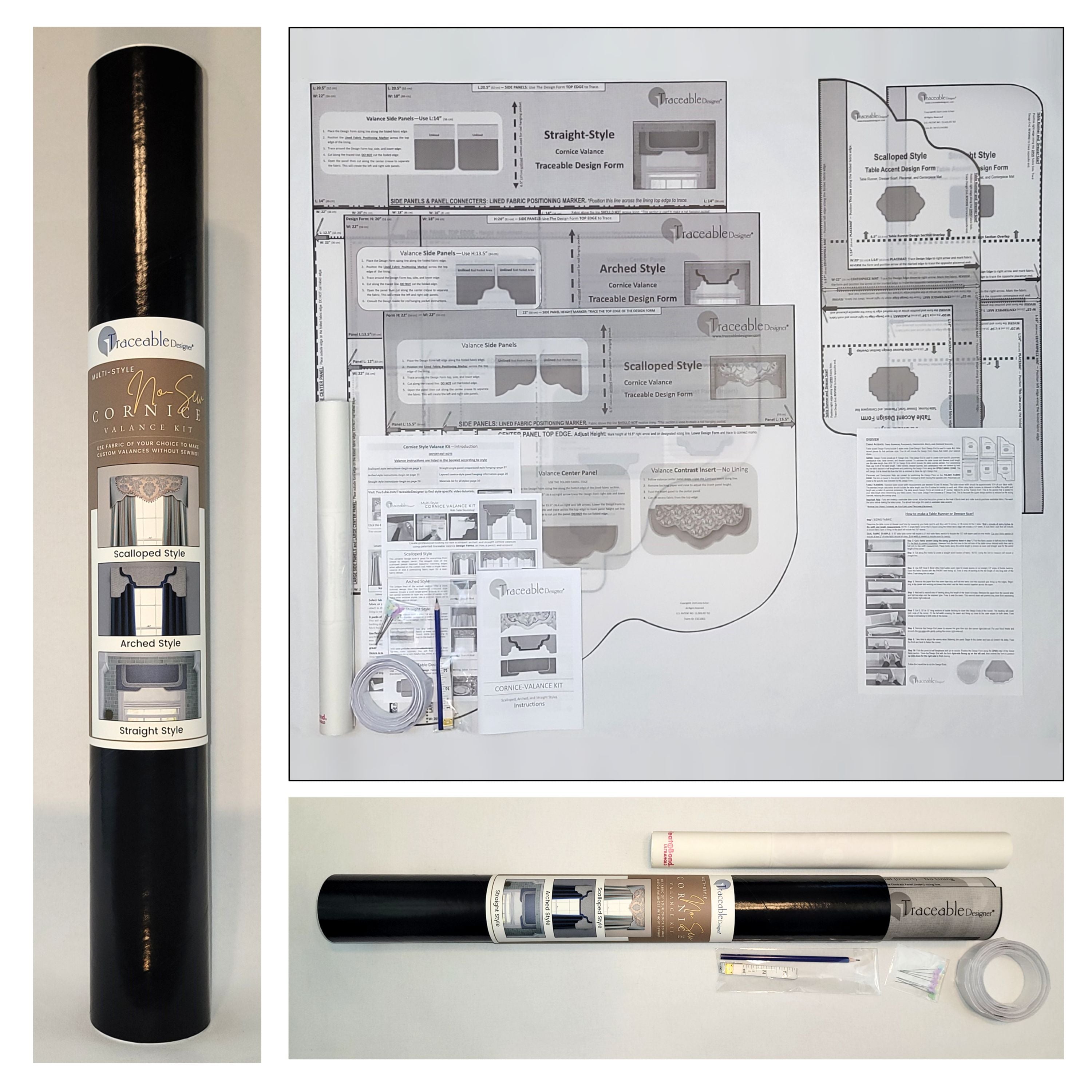 Traceable Designer multi-style no-sew rod pocket valance kit. Lined cornice styles are great for room darkening. Traceable design forms are the perfect sewing alternative for custom window treatments and DIY projects. Use a standard curtain rod. Fit all window sizes.
