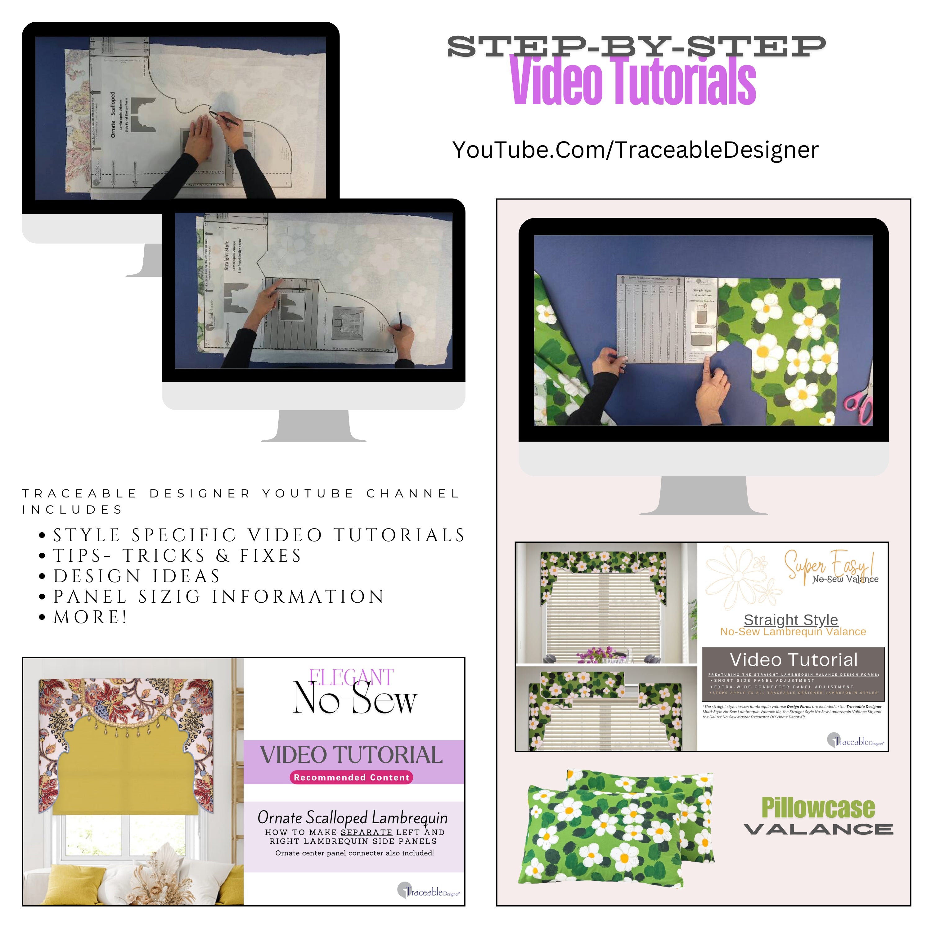 Traceable Designer multi-style no-sew lambrequin valance kit. Video tutorials available on Youtube.com. Traceable design forms are the perfect sewing alternative for DIY projects. Use a standard curtain rod. Fit all window sizes. Reusable for unlimited decorating.