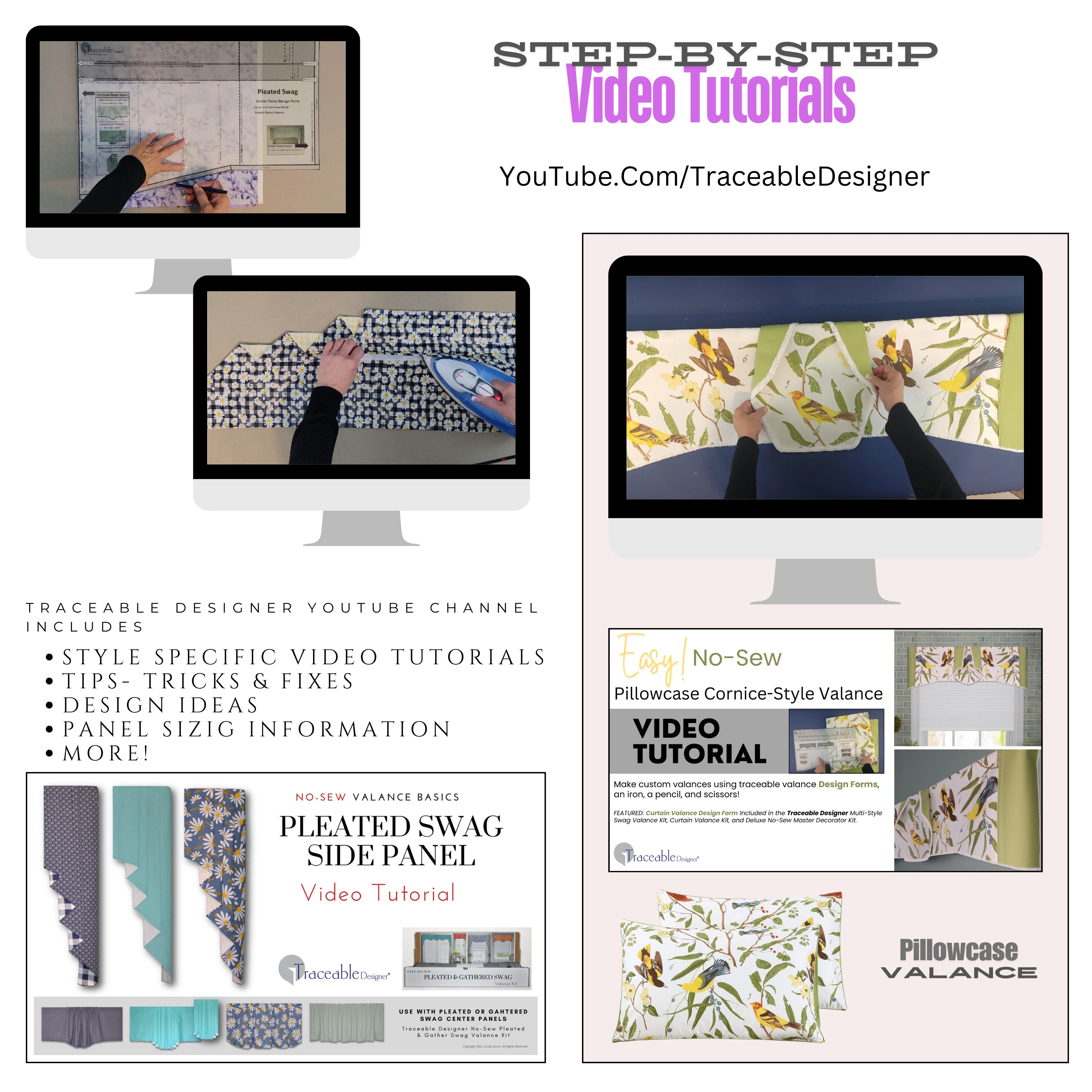 Traceable Designer no-sew swag and cornice valance kit. Video tutorials available on Youtube.com. Traceable design forms are the perfect sewing alternative for DIY projects. Use a standard curtain rod. Fit all window sizes. Reusable for unlimited decorating.