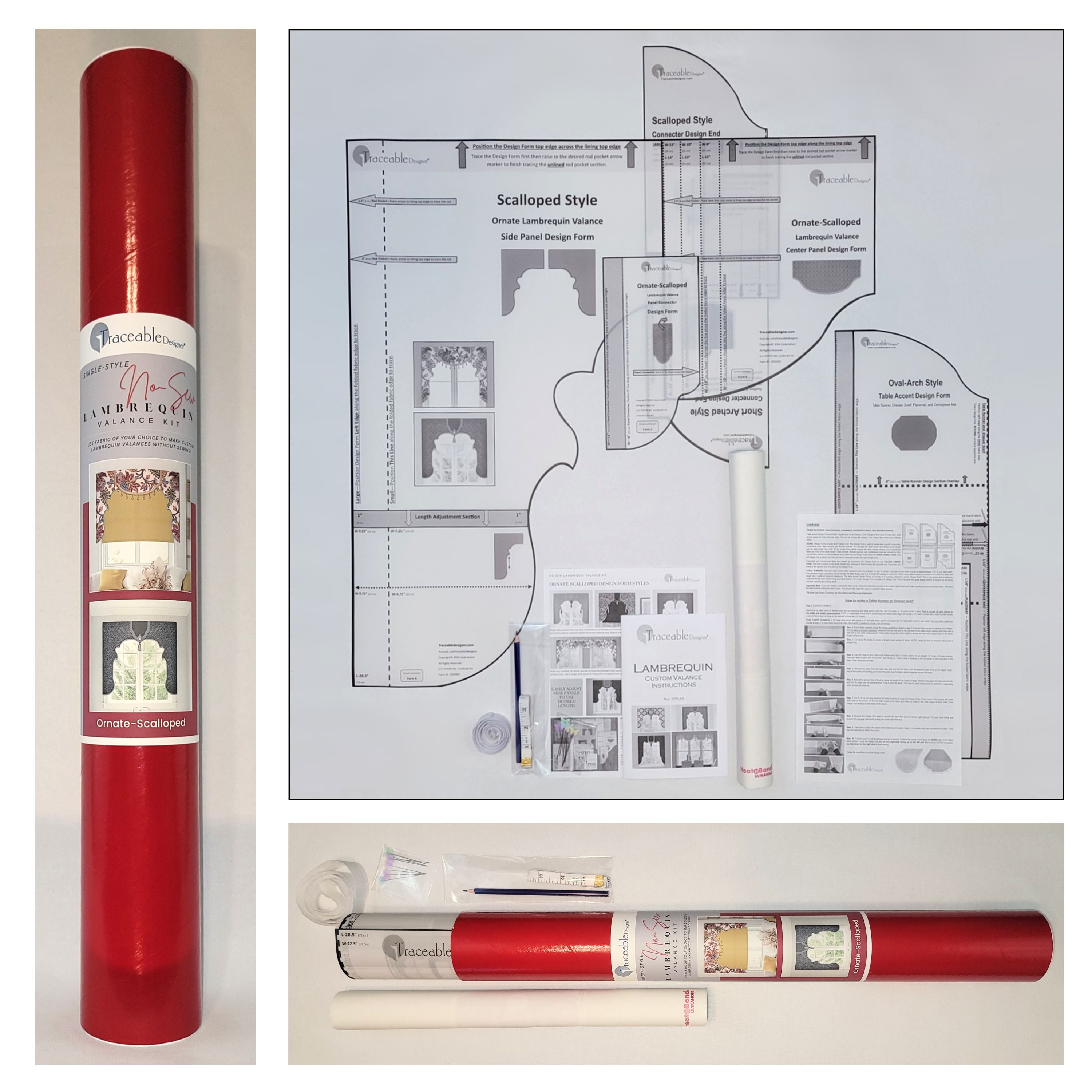 Traceable Designer no-sew scalloped lambrequin cornice valance kit. Make custom valances without sewing. Lined panels include a rod pocket for hanging on a curtain rod. Fit all window sizes and styles. Perfect for chic, elegant, & Mediterranean decor.