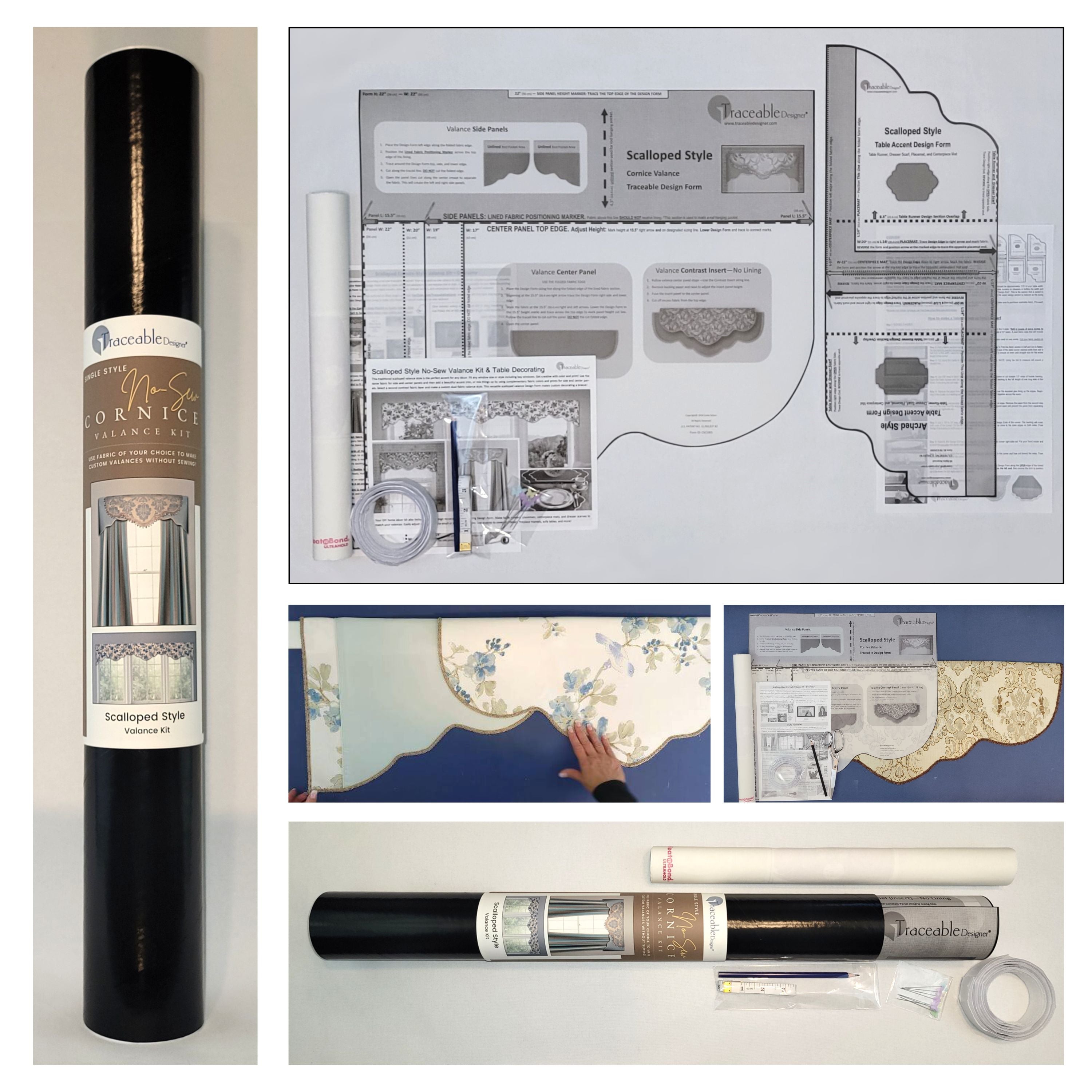 Traceable Designer scalloped style no-sew valance kit. Make rod pocket curtains for kitchen, bedroom, living room. The perfect sewing alternative for DIY custom window projects. Use a standard curtain rod no wood board or Styrofoam base needed.