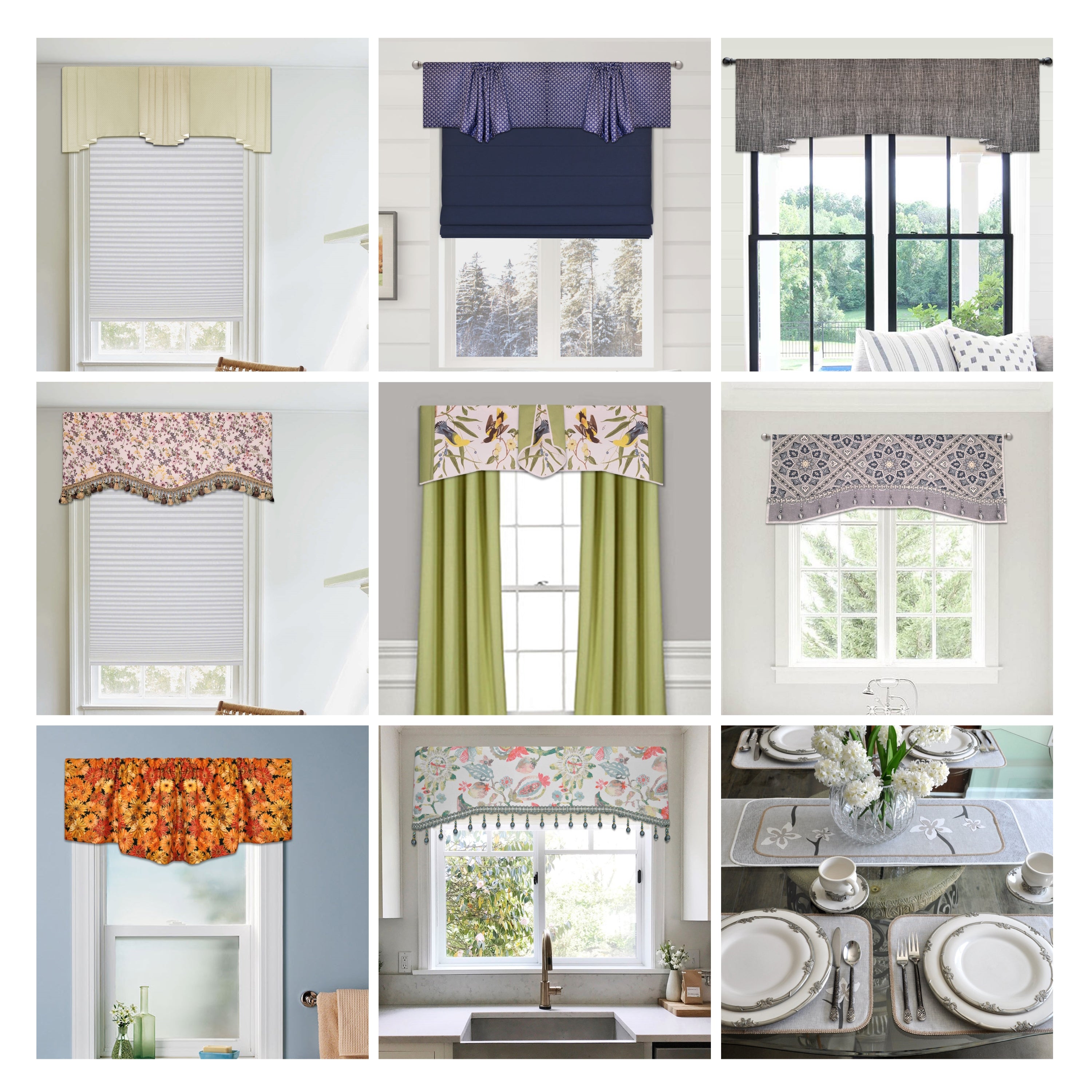 Traceable Designer no-sew pleated  gathered curtain, and cornice valance kit. Make custom window treatments without sewing. Lined panels include a rod pocket for hanging on a curtain rod. Topper for louvered blinds, shades, drapes, curtains.