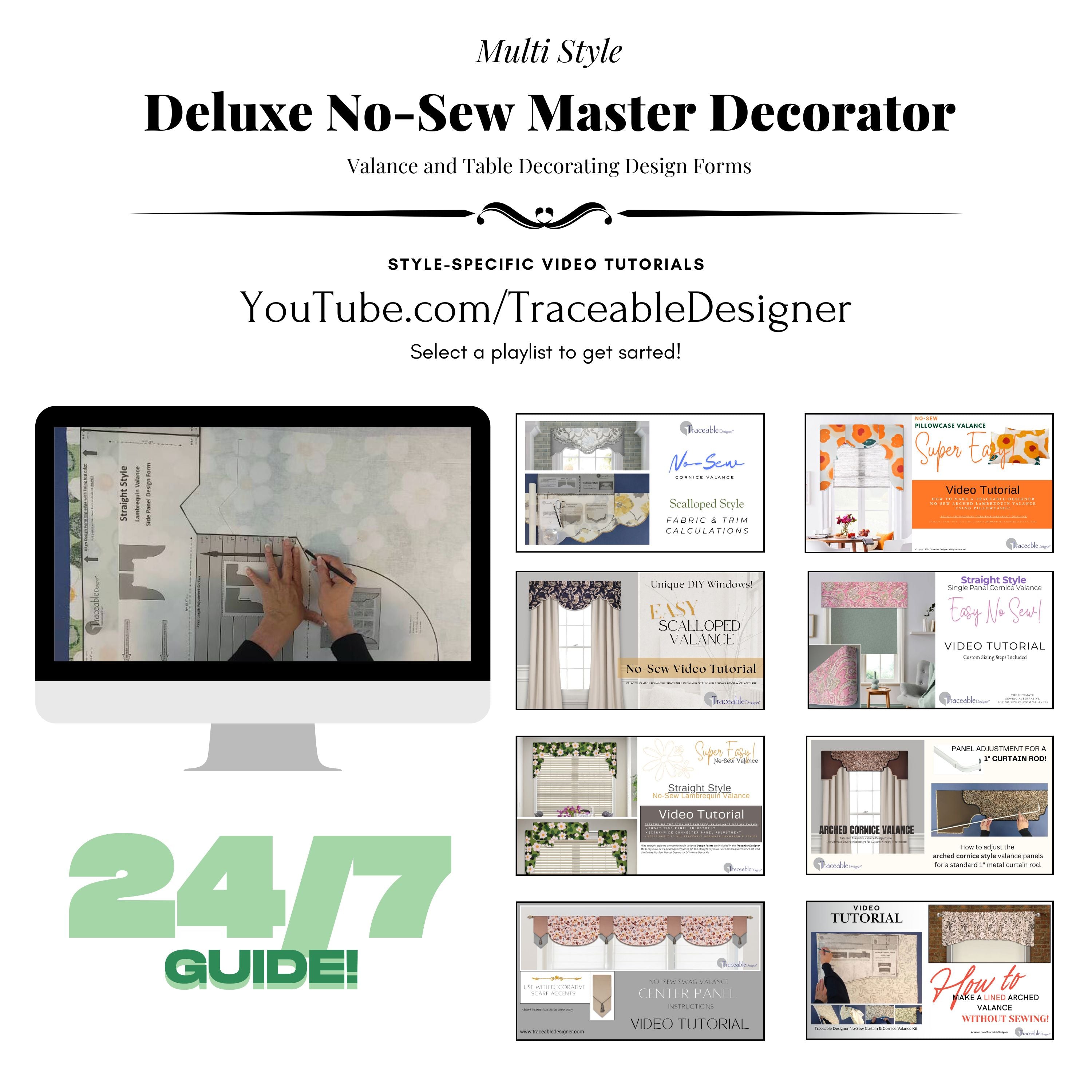 Traceable Designer Deluxe no-sew valance kit. Make custom cornices, lambrequins, pleated swags, short curtains, and scarf valance styles without sewing. Rod pocket styles for curtain rods. Fit all window sizes and styles. No wood board or Styrofoam.