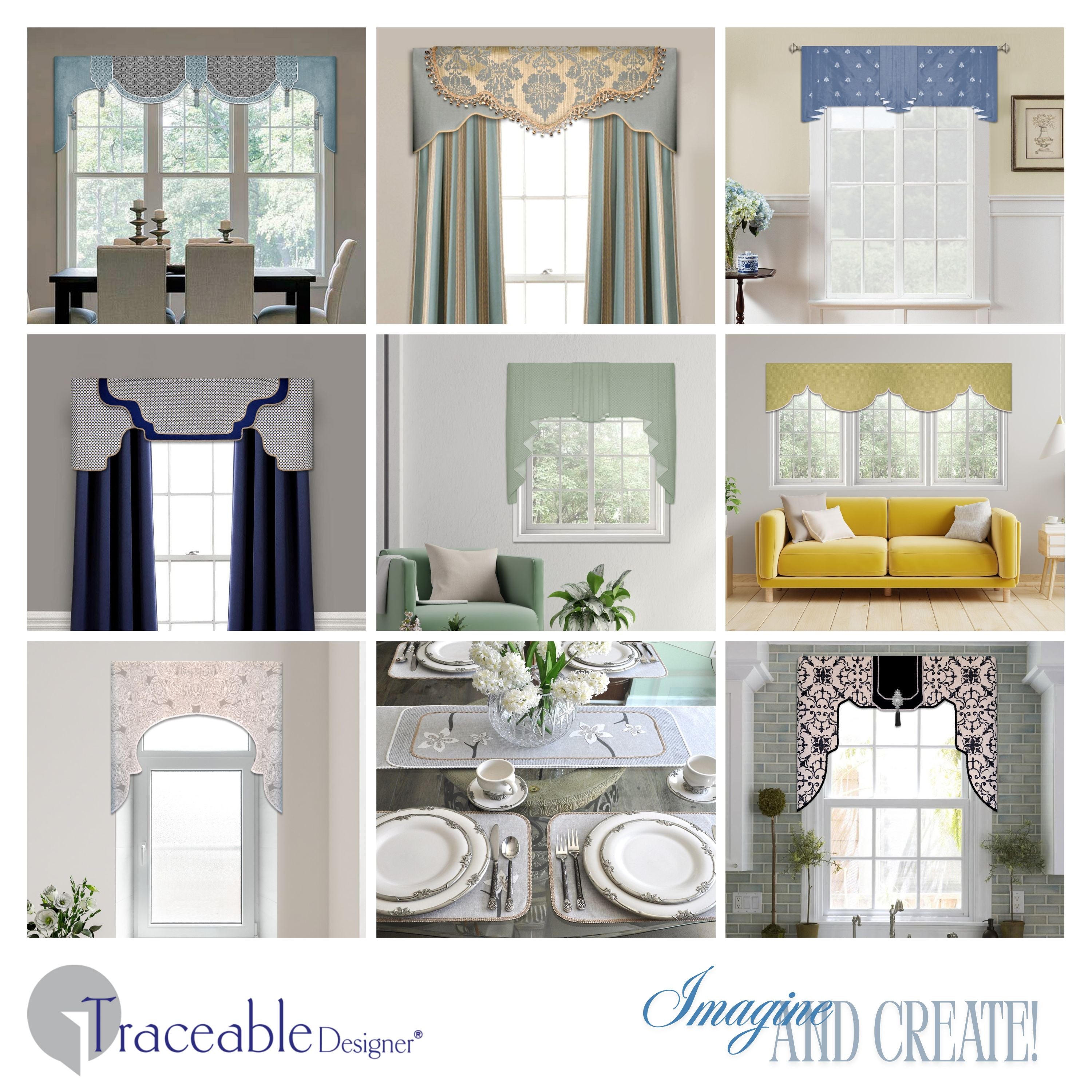 Traceable Designer Deluxe no-sew valance kit. Make custom cornices, lambrequins, pleated swags, short curtains, and scarf valance styles without sewing. Rod pocket styles for curtain rods. Fit all window sizes and styles. No wood board or Styrofoam.