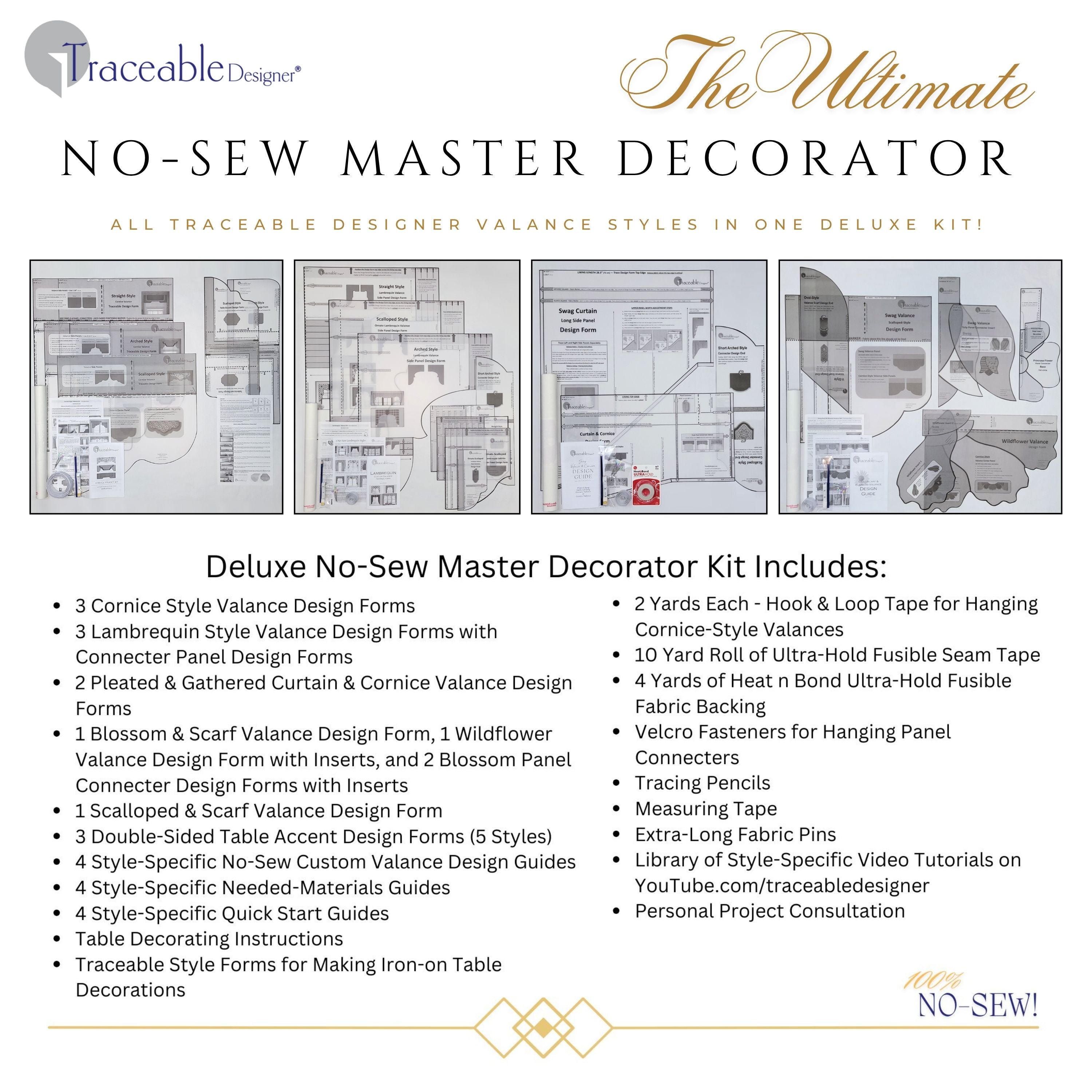 Traceable Designer Deluxe no-sew valance kit. Make custom cornices, lambrequins, pleated swags, short curtains, and scarf valance styles without sewing. Rod pocket styles for curtain rods. Fit all window sizes and styles. No wood board or Styrofoam.