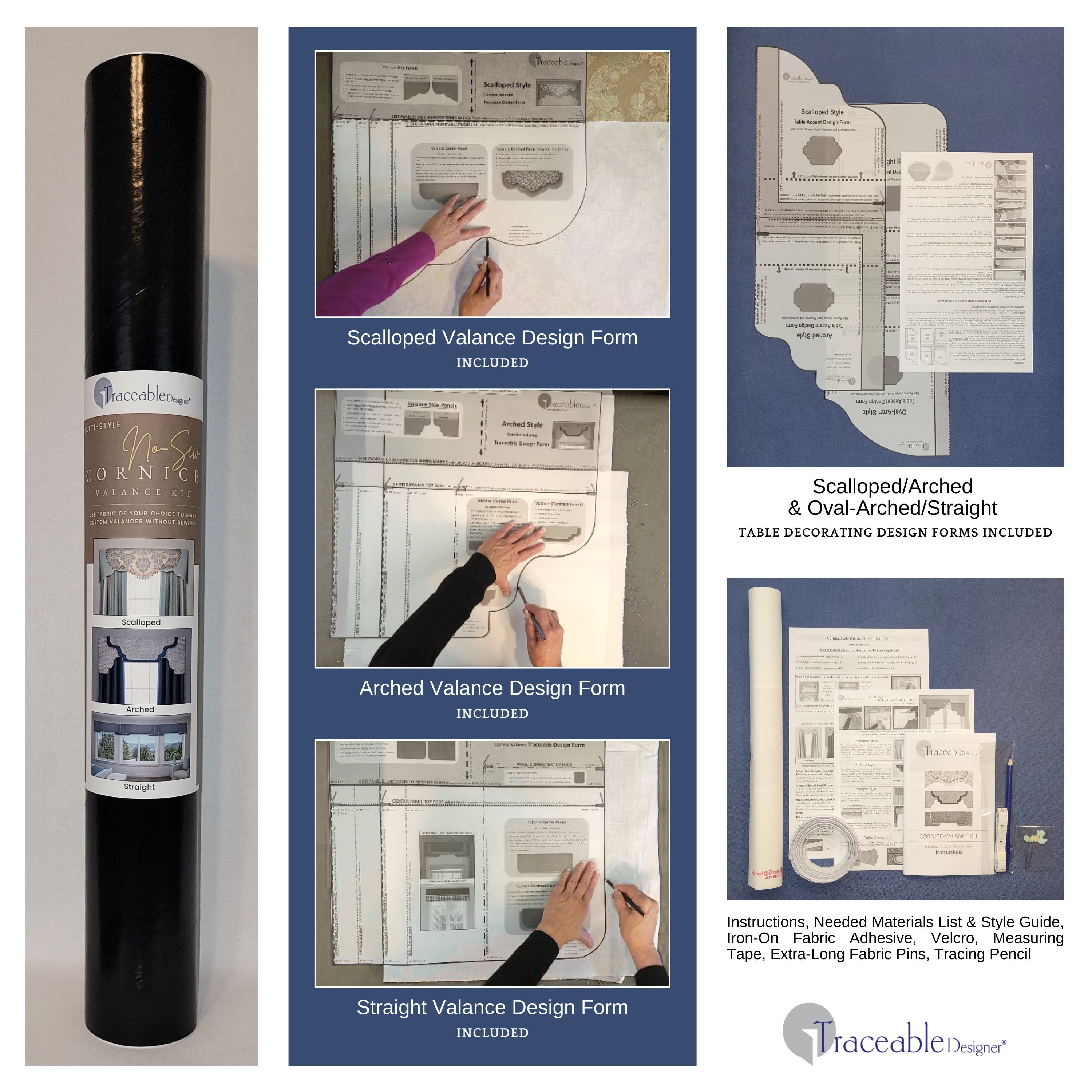 Traceable Designer multi-style no-sew rod pocket valance kit. Lined cornice styles are great for room darkening. Traceable design forms are the perfect sewing alternative for custom window treatments and DIY projects. Use a standard curtain rod. Fit all window sizes.