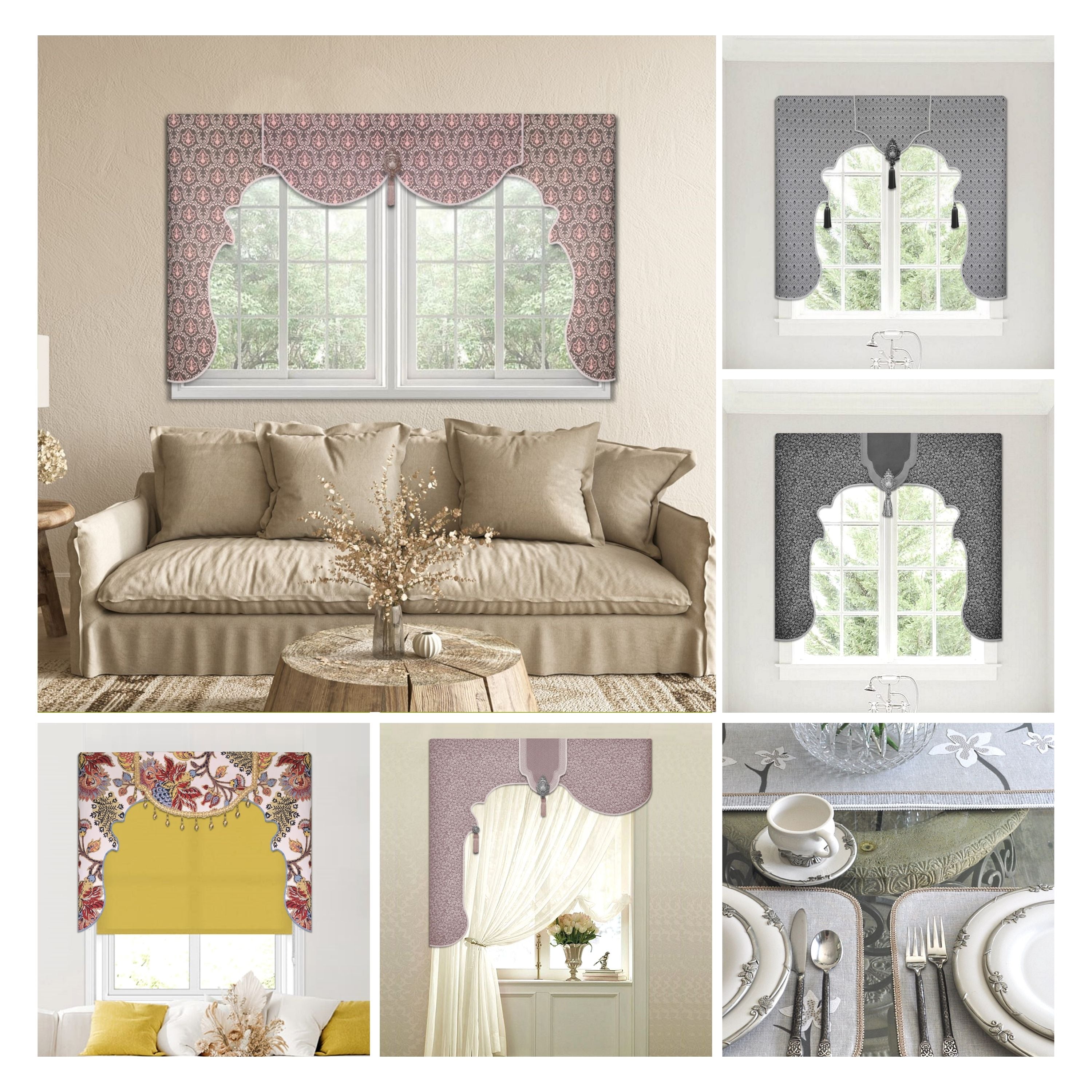 Traceable Designer no-sew scalloped lambrequin cornice valance kit. Make custom valances without sewing. Lined panels include a rod pocket for hanging on a curtain rod. Fit all window sizes and styles. Perfect for chic, elegant, & Mediterranean decor.