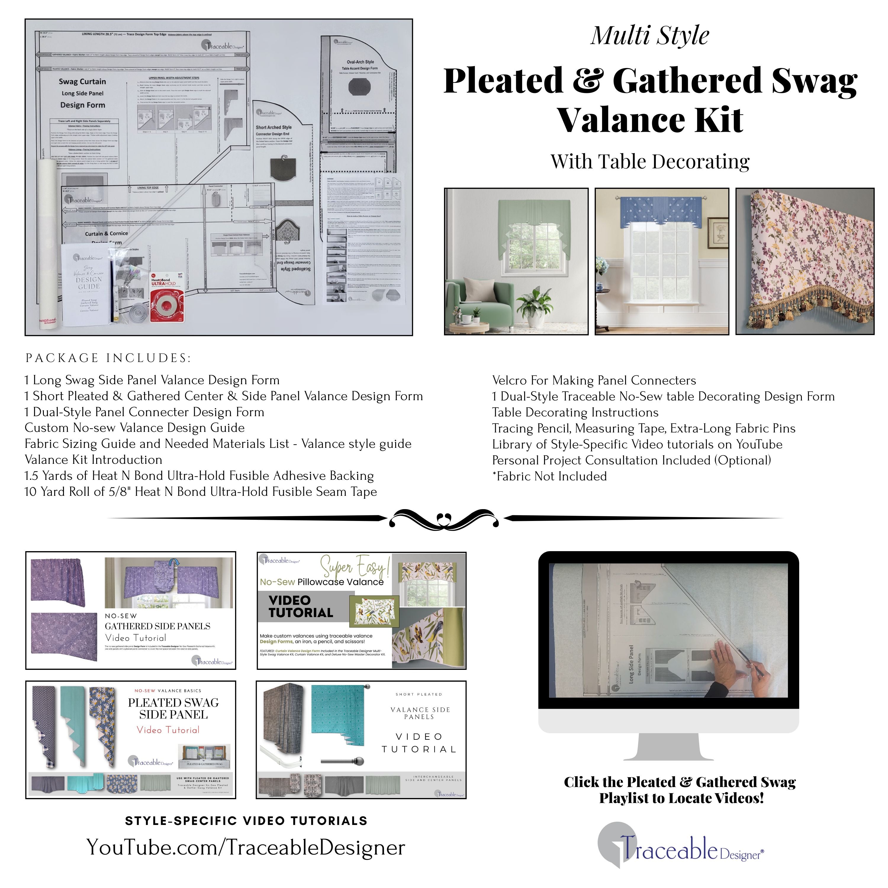 Traceable Designer no-sew pleated and gathered swa valance kit. Make custom long jabots styles, short curtains, and cornice valances without sewing. Lined panels include a rod pocket for hanging on a curtain rod. Fit all window sizes and styles. The ultimate sewing alternative.