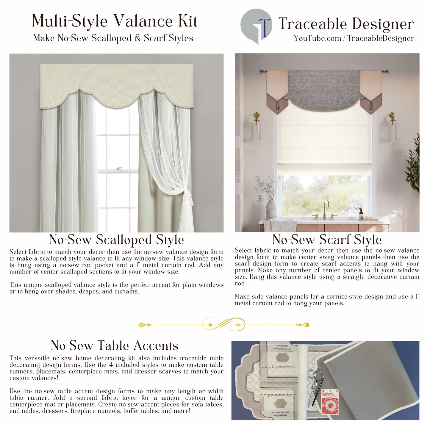 Traceable Designer no-sew scalloped & scarf valance kit for custom window decorating without sewing. Elevate your home with easy no-sew home decor window decorating template patterns.