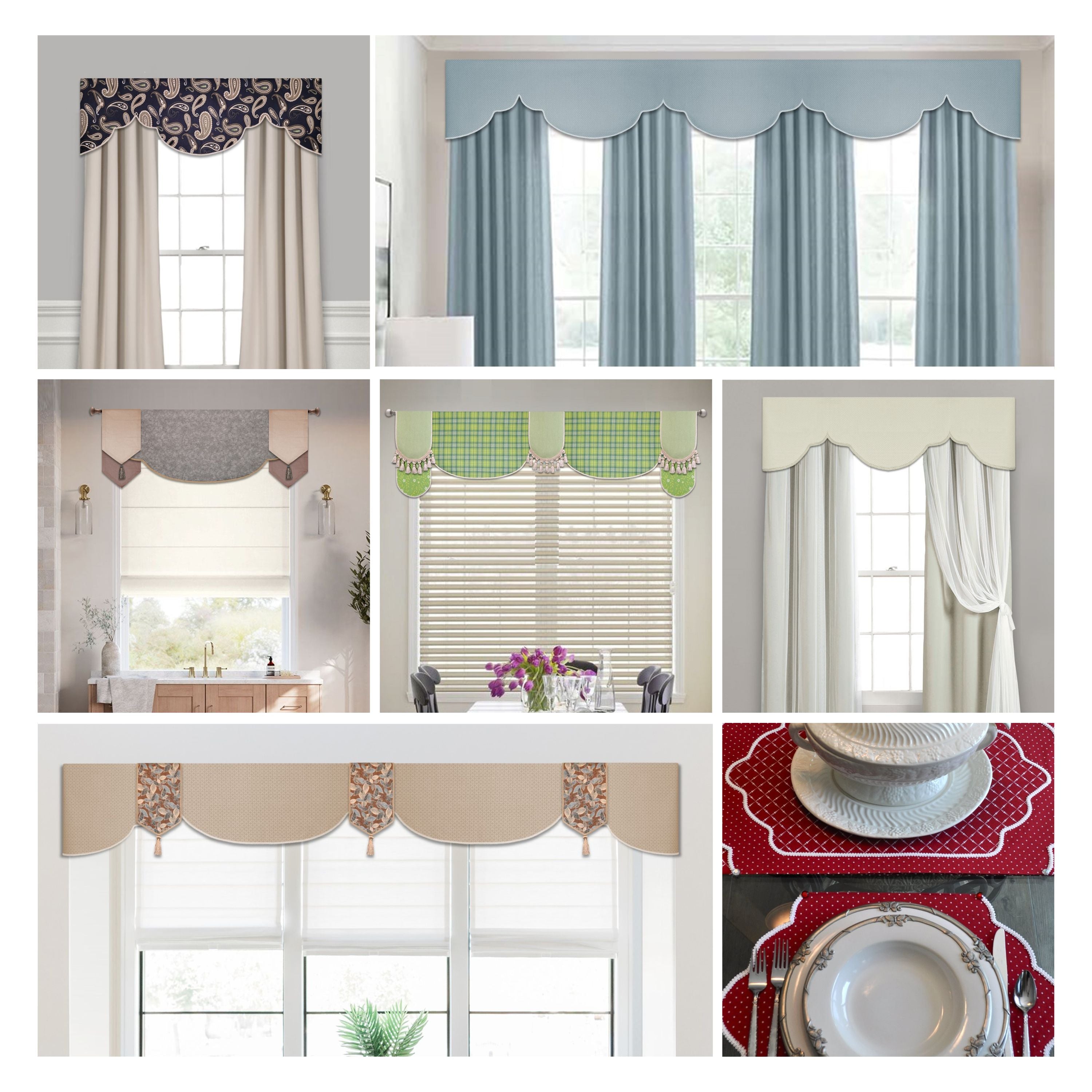 Traceable Designer no-sew scalloped & scarf valance kit for custom window decorating without sewing. Create trendy cornice styles, scalloped, and swag scarf valances for large or small windows. Use a standard curtain rod.