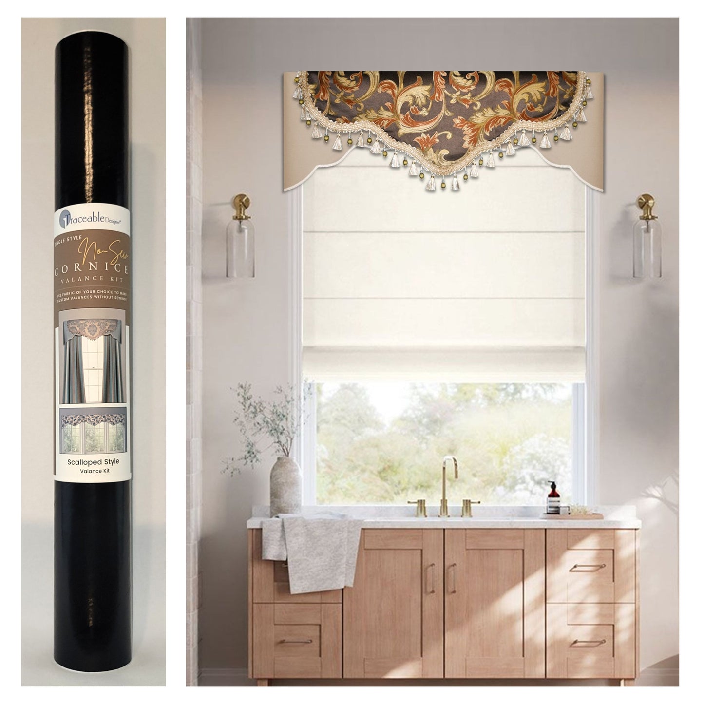 Traceable Designer scalloped style no-sew valance kit. Make rod pocket curtains for kitchen, bedroom, living room. The perfect sewing alternative for DIY custom window projects. Use a standard curtain rod no wood board or Styrofoam base needed.