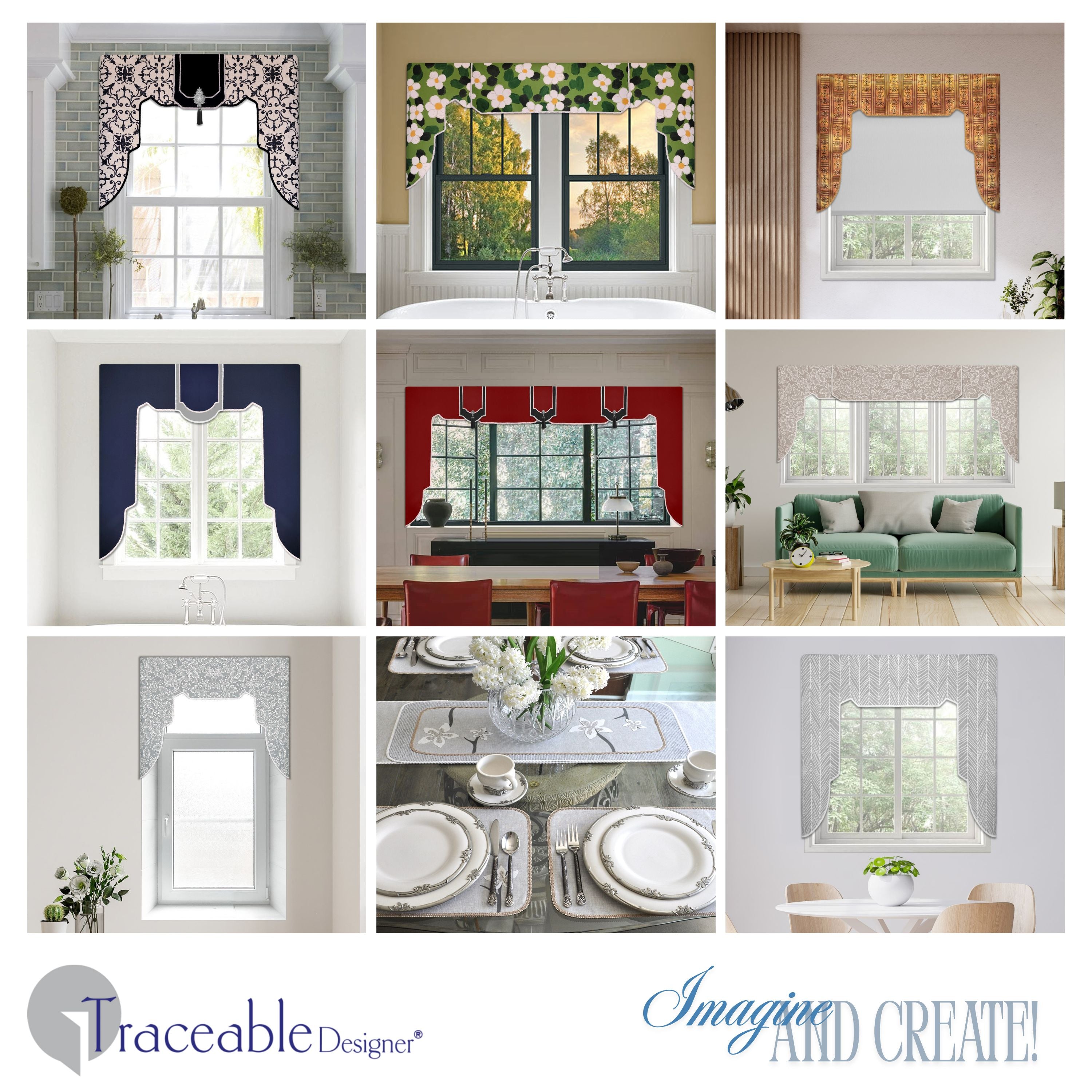 Traceable Designer straight no-sew rod pocket lambrequin valance kit. Lined Lambrequin cornice styles are great for room darkening. Traceable design forms are the perfect sewing alternative for DIY custom window treatments. Use a standard curtain rod. Fit all window sizes.
