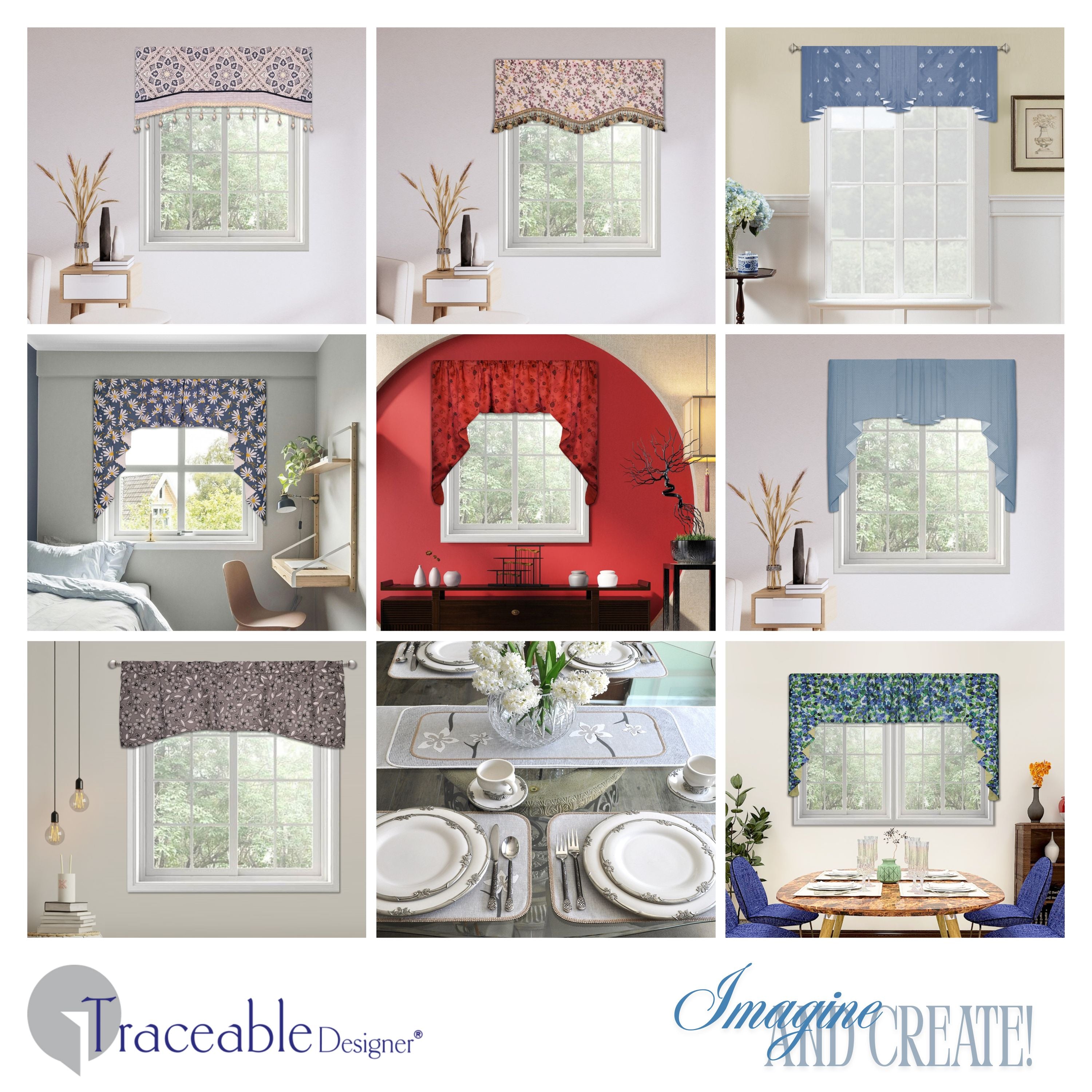Traceable Designer no-sew pleated and gathered swa valance kit. Make custom long jabots styles, short curtains, and cornice valances without sewing. Lined panels include a rod pocket for hanging on a curtain rod. Fit all window sizes and styles. The ultimate sewing alternative.