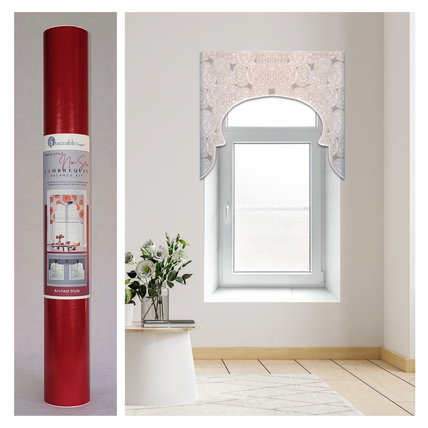 Traceable Designer arched no-sew rod pocket valance kit. Lined Lambrequin cornice styles are great for room darkening. Traceable design forms are the perfect sewing alternative for DIY projects. Use a standard curtain rod. Fit all window sizes.