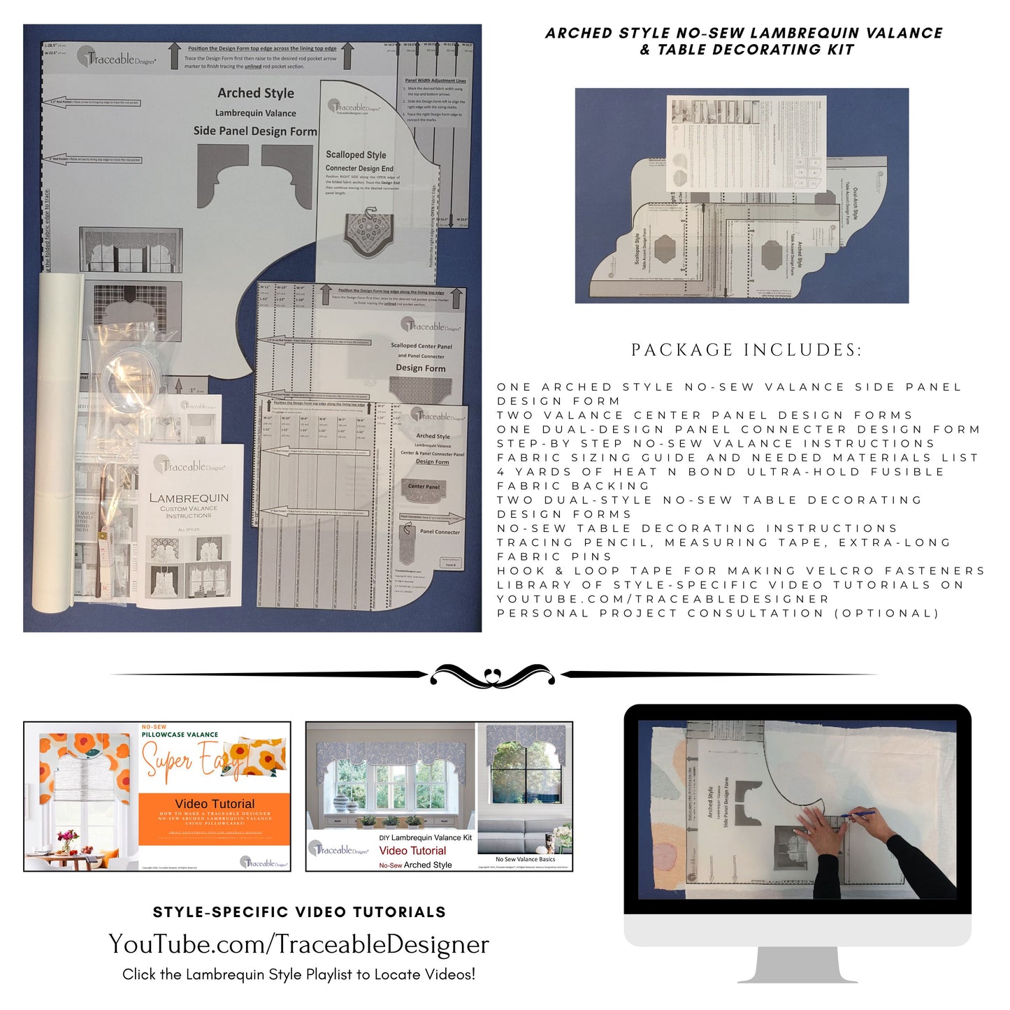 Traceable Designer arched no-sew valance kit includes traceable valance forms - the perfect sewing alternative for DIY window projects. Create custom valances to match curtains, throw pillows, bedding, shades, and more.