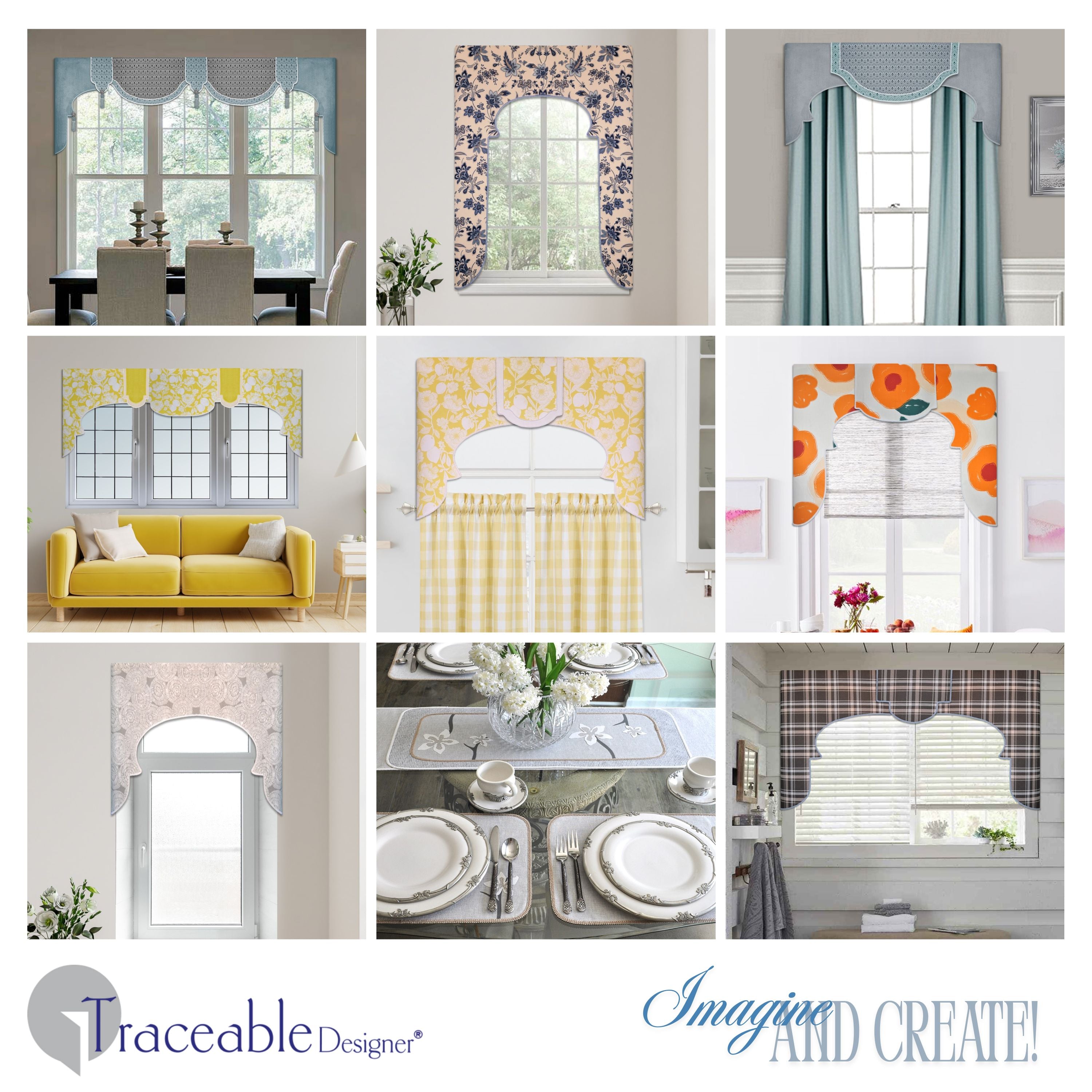 Traceable Designer arched no-sew rod pocket valance kit. Lined Lambrequin cornice styles are great for room darkening. Traceable design forms are the perfect sewing alternative for DIY projects. Use a standard curtain rod. Fit all window sizes.