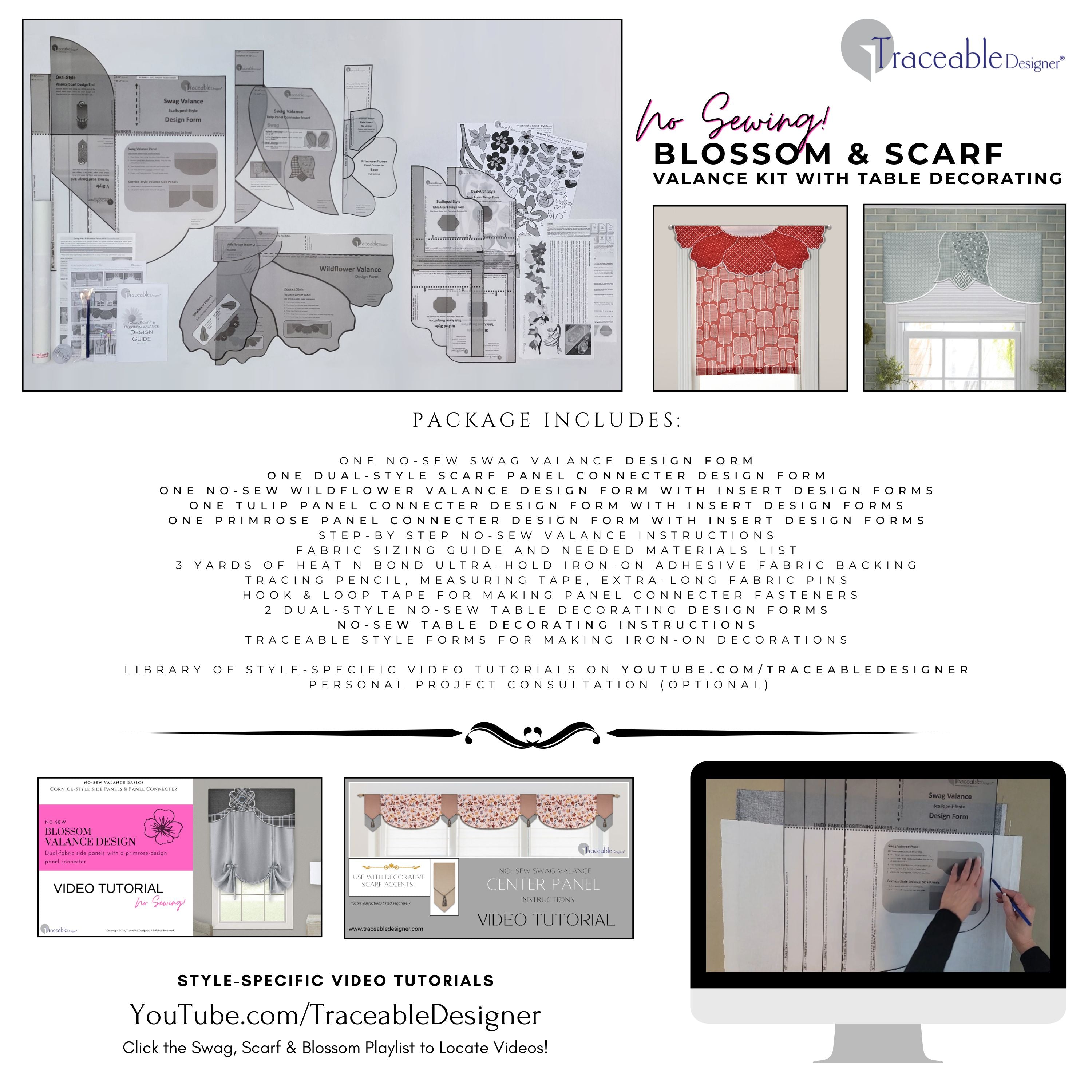 Make unique flower valances, swag scarf curtains, and cornice style window treatments without using a sewing machine! Traceable Designer swag, scarf, and blossom valance kit includes traceable valance design forms to help you transform any fabric into professional-looking custom valances without sewing. Hang valances using standard curtain rods.