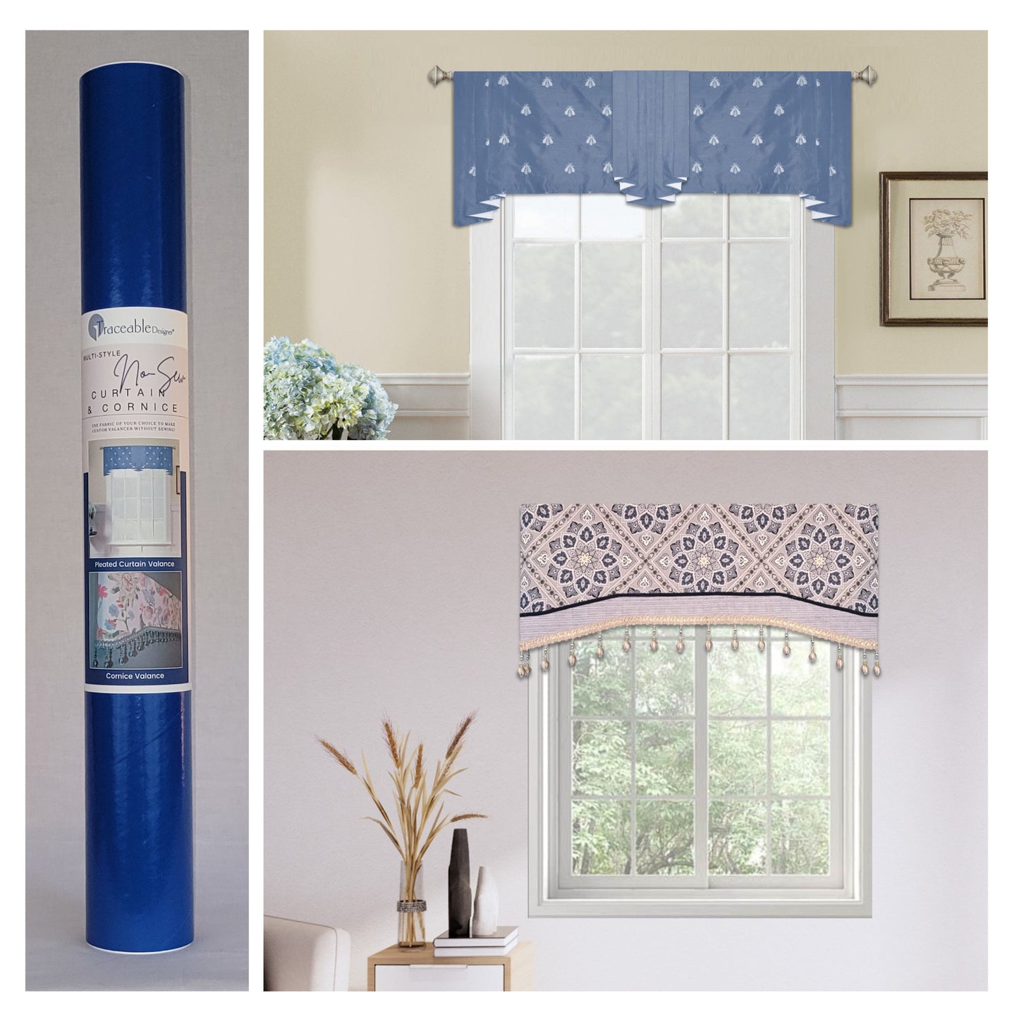 Traceable Designer no-sew curtain & cornice valance kit helps you make professional-looking pleated, gathered, and cornice valances without needed a sewing machine. Lined panels include a rod pocket for hanging on a standard curtain rod. Fit all window sizes and styles. No-sew forms-sewing alternative.