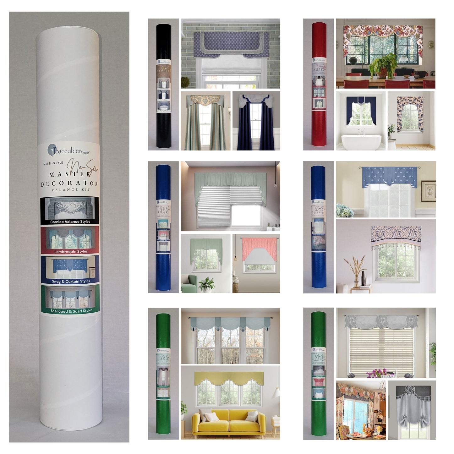 Traceable Designer Deluxe no-sew valance kit. Make custom cornices, lambrequins, pleated swags, short curtains, and scarf valance styles without sewing. Rod pocket styles for curtain rods. Fit all window sizes and styles. No wood board or Styrofoam.