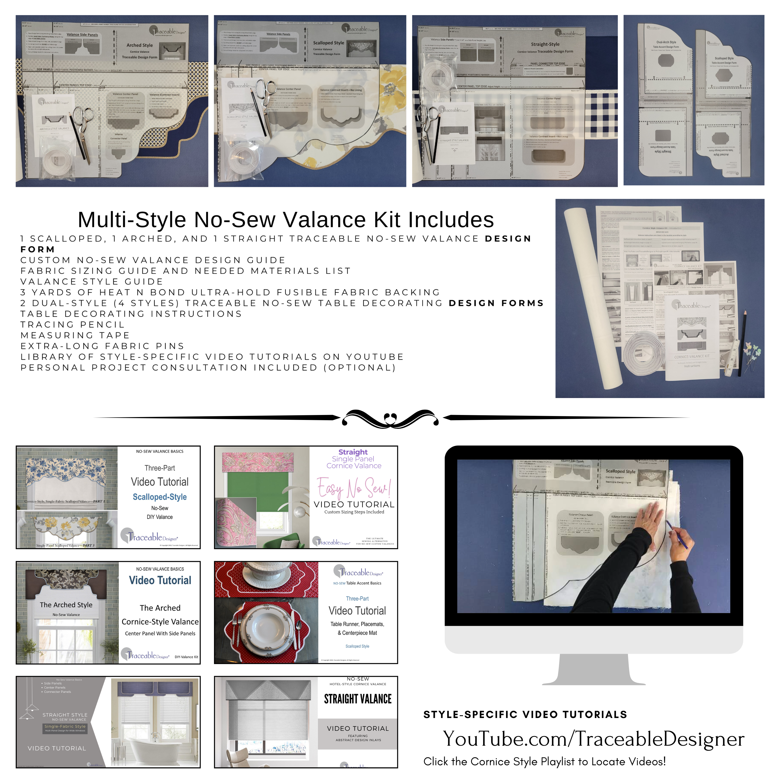 Traceable Designer multi-style no-sew rod pocket valance kit. Lined cornice styles are great for room darkening. Traceable design forms are the perfect sewing alternative for custom window treatments and DIY projects. Use a standard curtain rod. Fit all window sizes.