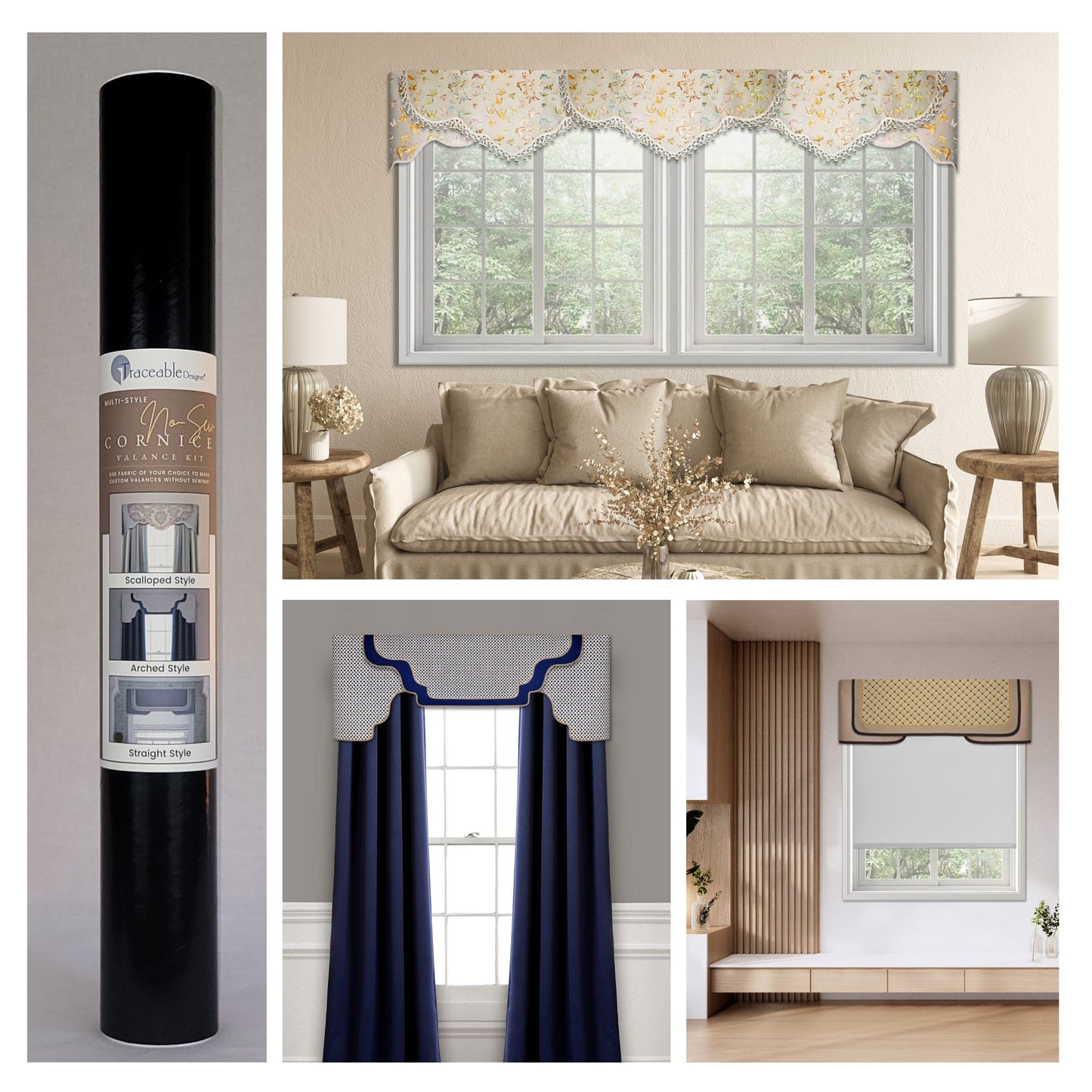 Traceable Designer multi-style no-sew cornice valance kit. Make custom curtains without sewing. Lined panels include a rod pocket for hanging on a curtain rod. Fit all window sizes and styles. Room darkening valance is perfect for traditional, modern, contemporary , farmhouse decor.