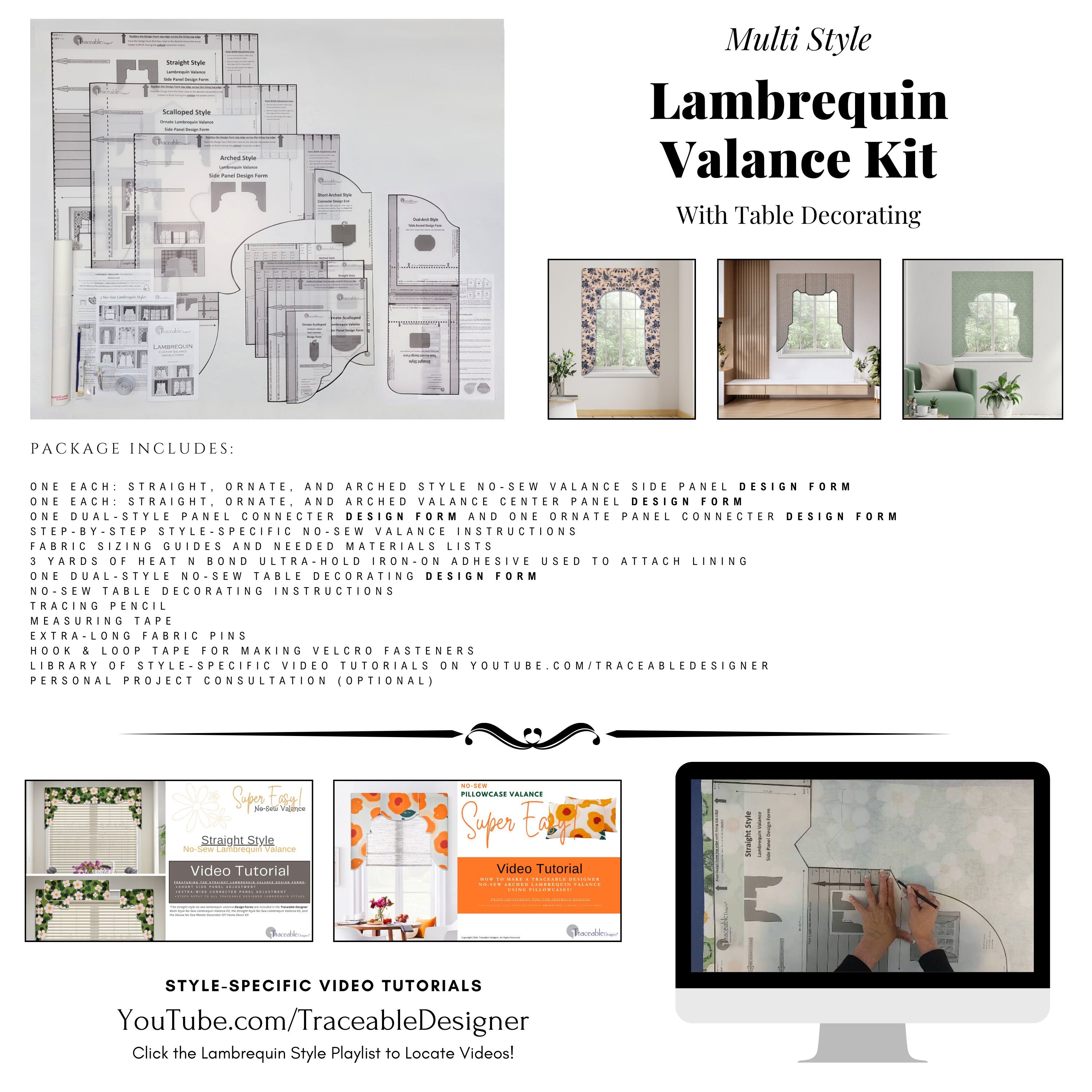 Traceable Designer multi-style lambrequin valance kit. Make custom window treatments without sewing. Lined panels include a rod pocket for hanging on a curtain rod. No wood board or Styrofoam needed. Long style is perfect for room darkening.