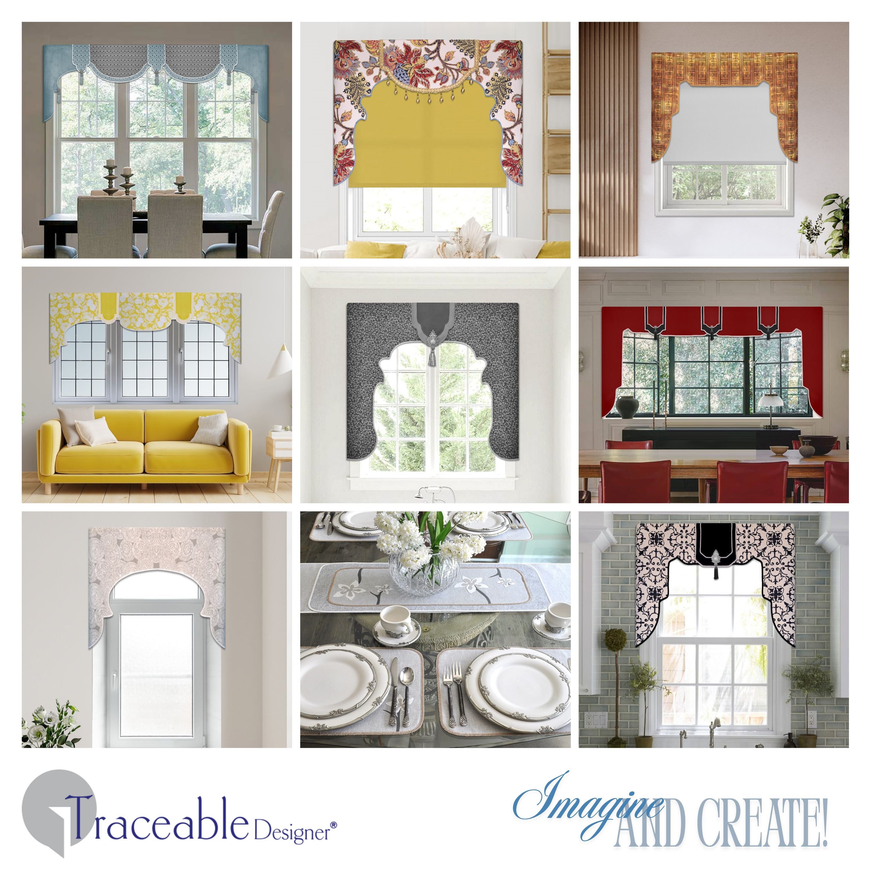 Traceable Designer multi-style lambrequin valance kit. Make custom window treatments without sewing. Lined panels include a rod pocket for hanging on a curtain rod. No wood board or Styrofoam needed. Long style is perfect for room darkening.