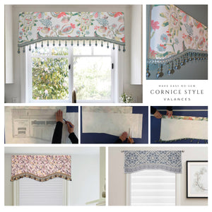 Traceable Designer DIY pleated and gathered swag valance kit includes no-sew arched and scalloped cornice styles. Make custom valances without sewing. Fit any windiw size.