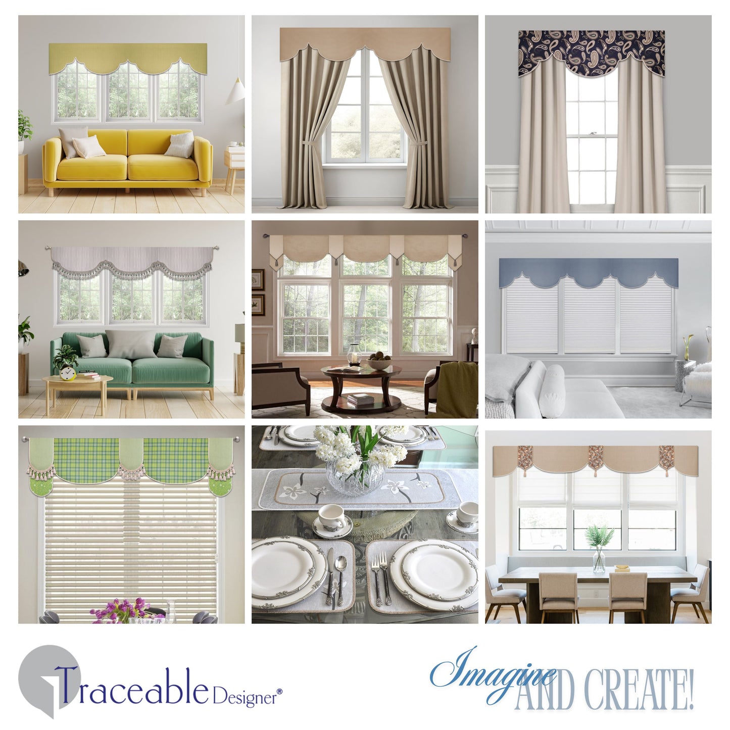 Traceable Designer no-sew scalloped & scarf valance kit for custom window decorating without sewing. Create trendy valances for large or small windows. Use a standard curtain rod.