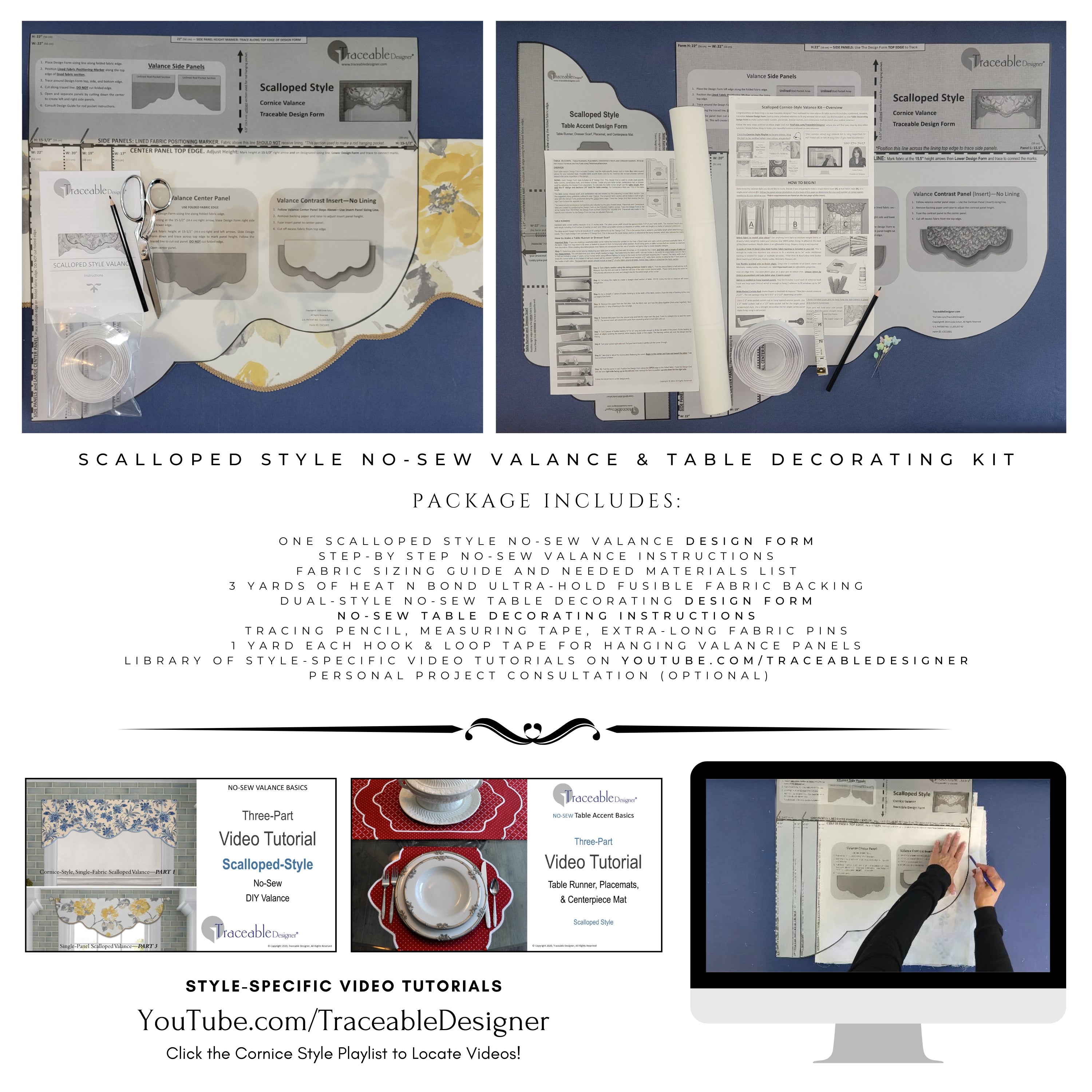 Traceable Designer scalloped style no-sew valance kit. Make rod pocket curtains for kitchen, bedroom, living room. The perfect sewing alternative for DIY custom window projects. Use a standard curtain rod no wood board or Styrofoam base needed.