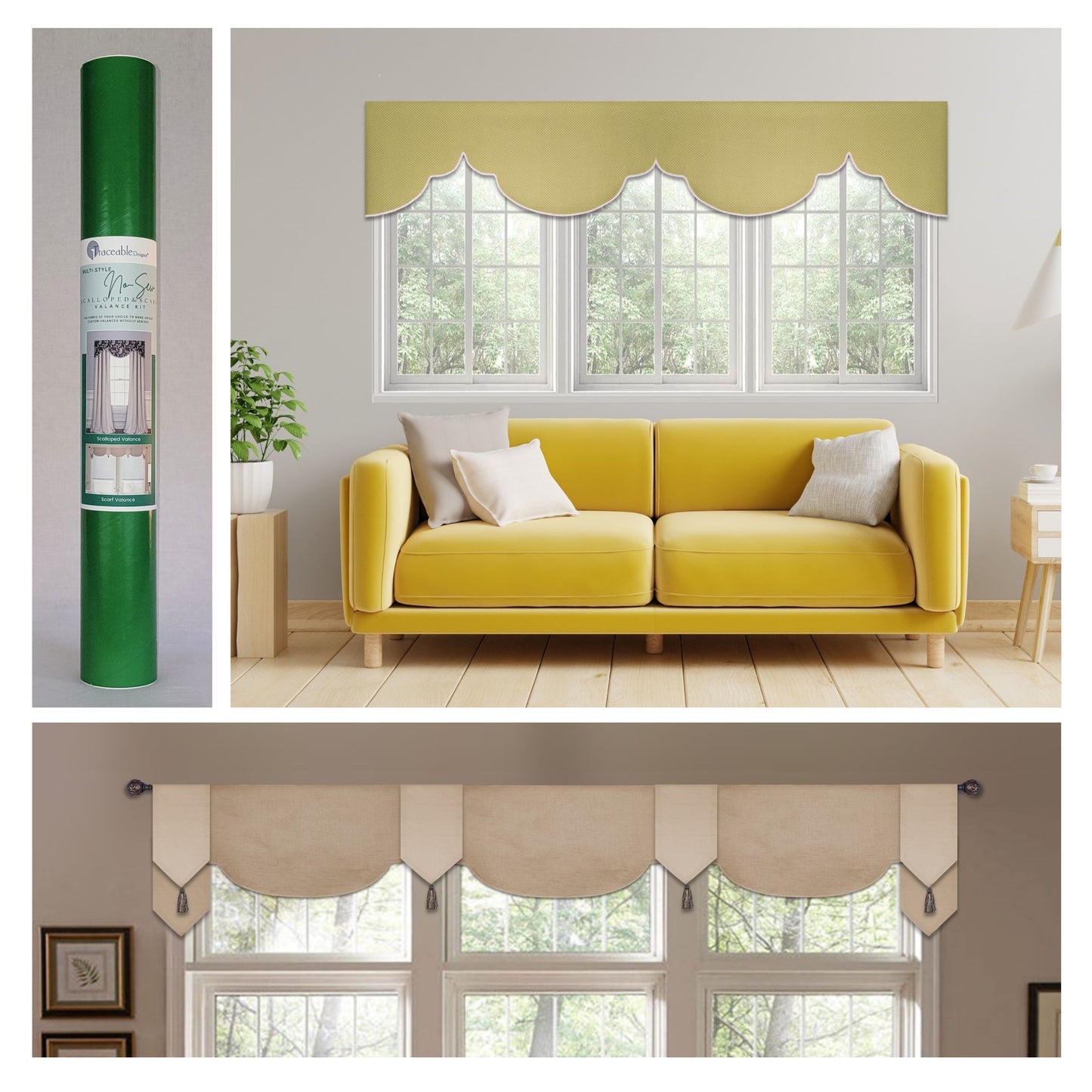Traceable Designer no-sew scalloped & scarf valance kit for custom window decorating without sewing. Create trendy valances for large or small windows. Use a standard curtain rod.