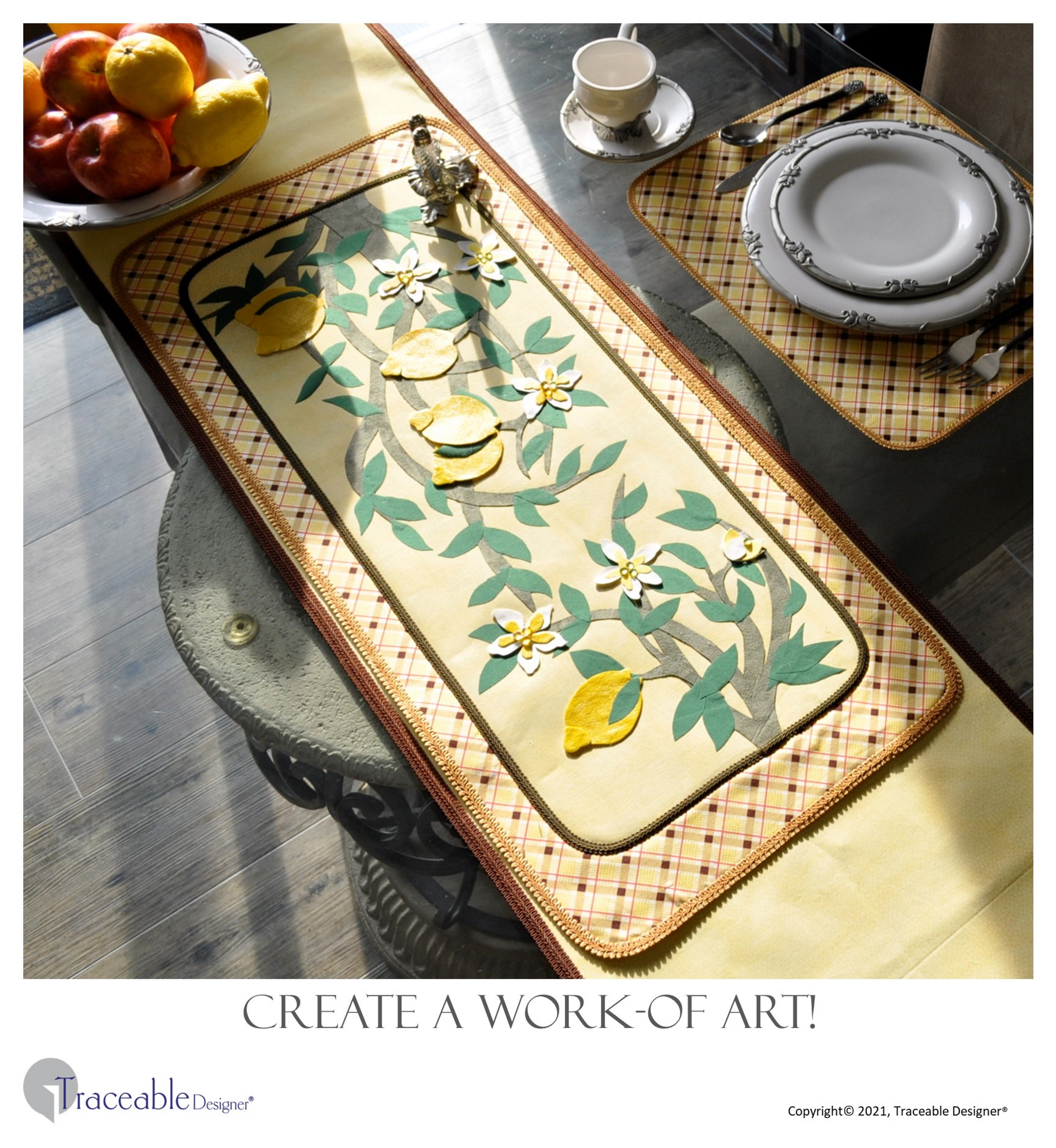 Traceable Designer DIY multi-style table decorating kit, make no-sew table runners, placemats and dresser scarves.  Use the included style forms to make artistic iron-on fruit and flower decorations.