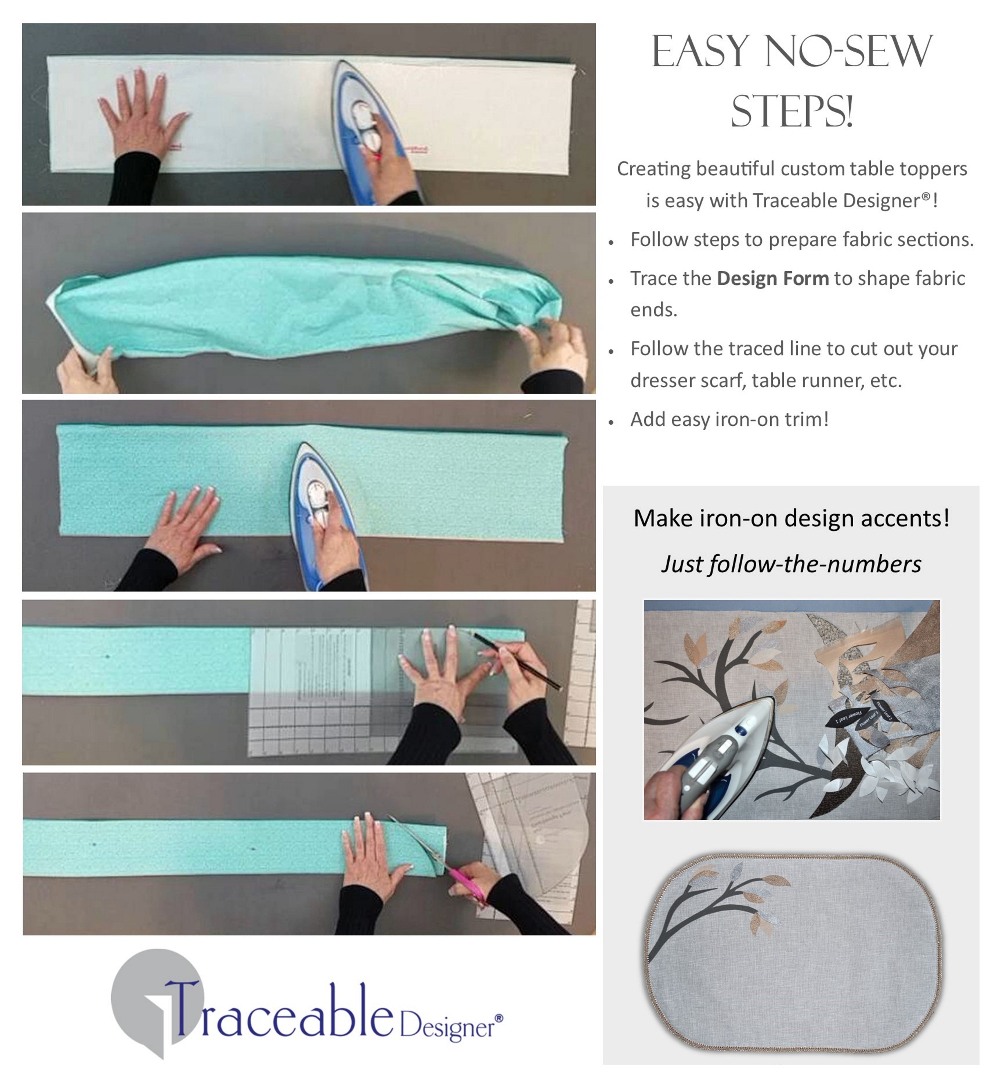 Traceable Designer DIY multi-style table decorating kit.  Usew-friendly patented no-sew forms are the ultimate sewing alternative for custom table decorating.