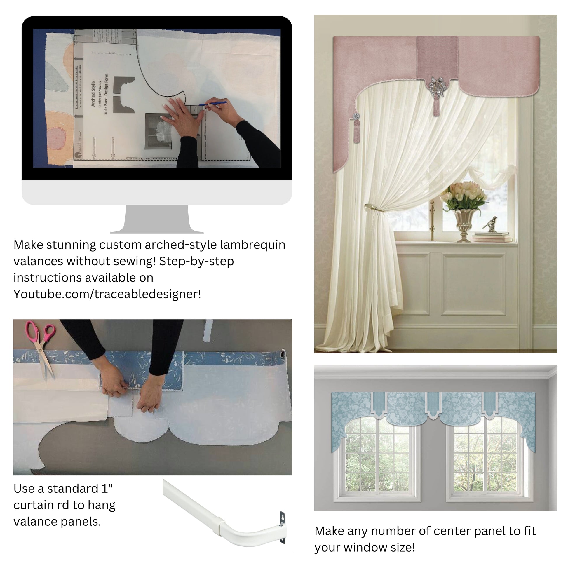 Traceable Designer arched style no-sew lambrequin valance kit inlcudes traceable valance design forms used to make custom valances without sewing. Use a 1" curtain rod.