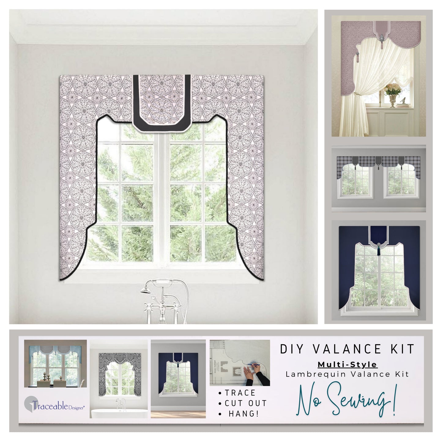 Traceable Designer multi-style lambrequin valance kit. Make custom window treatments without sewing. Lined panels include a rod pocket for hanging on a curtain rod. No wood board or Styrofoam needed. Long style is perfect for room darkening.
