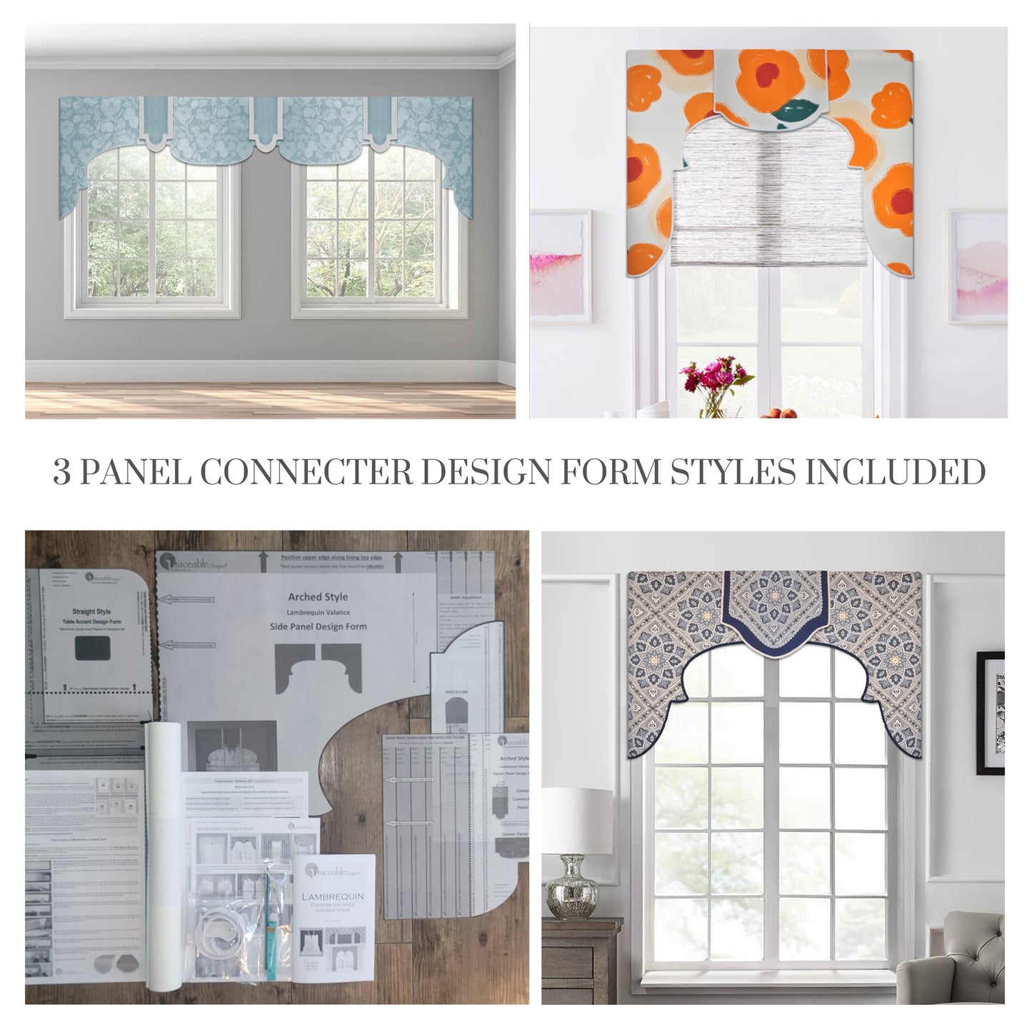 Traceable Designer arched style no-sew lambrequin valance kit inlcudes traceable valance design forms used to make custom valances without sewing. Use a 1" curtain rod.