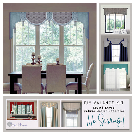 Traceable Designer No-Sew Master Decorator Kit includes cornice valances, lambrequins, swags, pleated curtain window treatments, and matching table accents. Make custom valances without sewing.