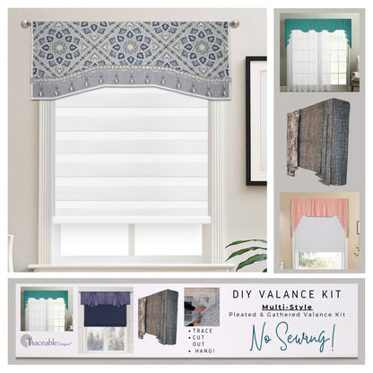 Traceable Designer no-sew pleated and gathered swavalance kit. Make custom long jabots styles, short curtains, and cornice valances without sewing. Lined panels include a rod pocket for hanging on a curtain rod. Fit all window sizes and styles. The ultimate sewing alternative. 