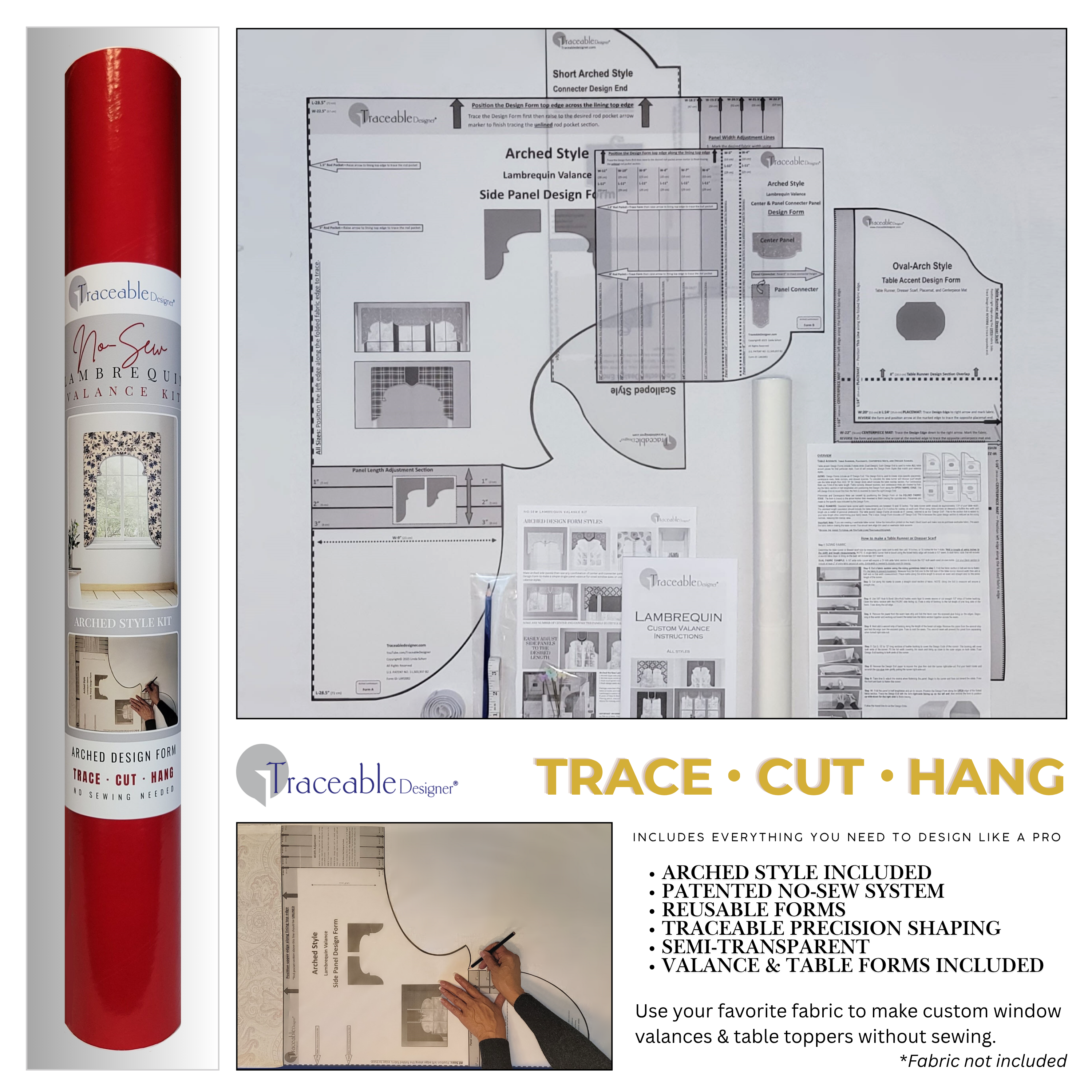 Traceable Designer arched no-sew rod pocket valance kit. Lined Lambrequin cornice styles are great for room darkening. Traceable design forms offer precision shaping without sewing – the perfect sewing alternative for DIY projects. Usard curtain rod. Fit all window sizes.