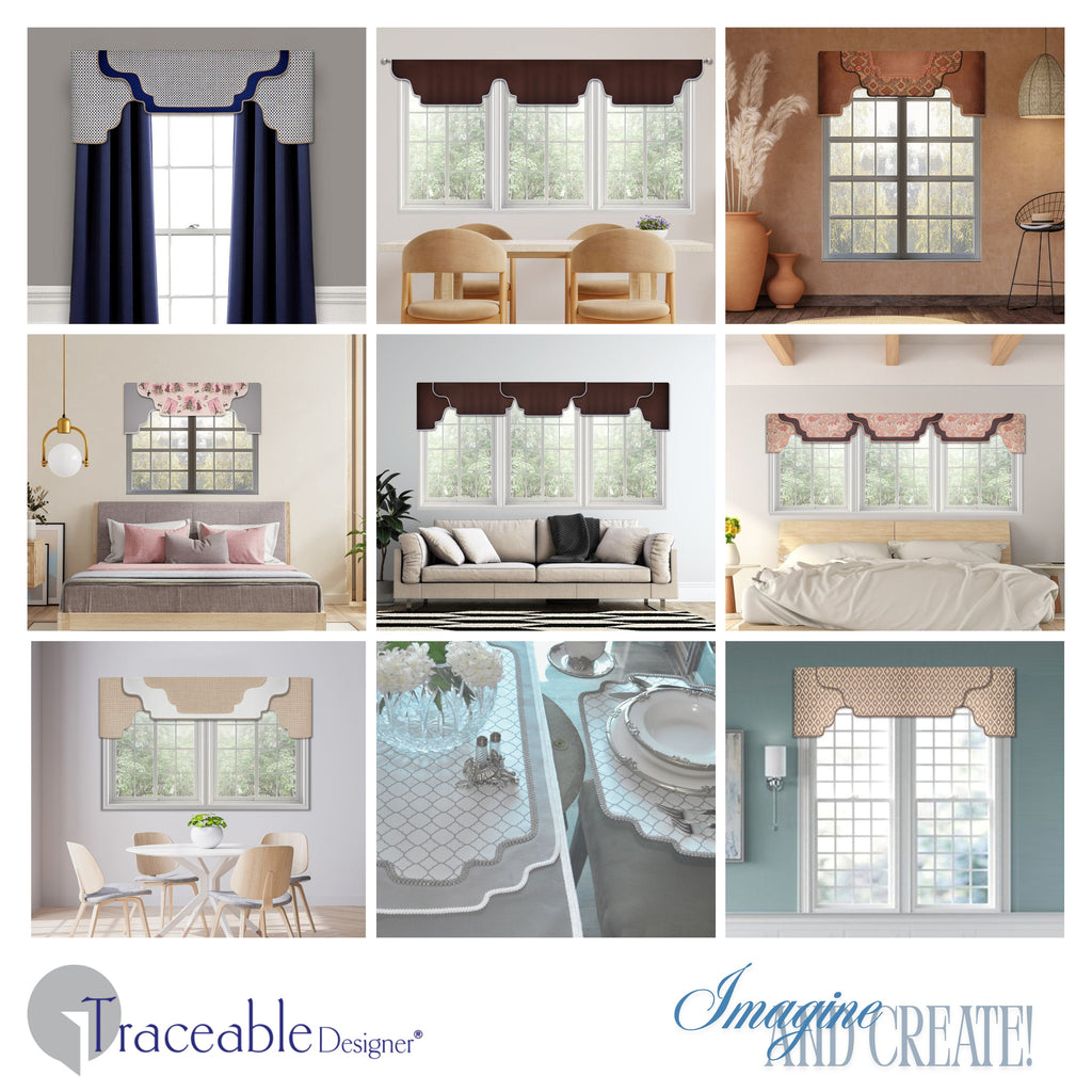 Traceable Designer arched no-sew rod pocket valance kit. Lined cornice styles are great for over shades or curtains. Traceable design forms are the perfect sewing alternative for DIY projects. Use a standard curtain rod. Fit all window sizes. 
