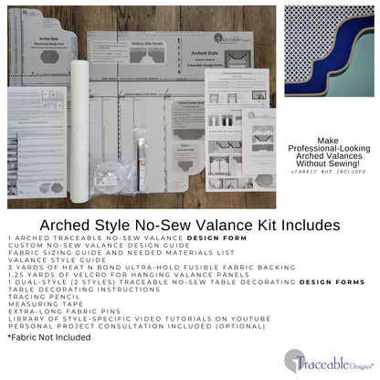 Traceable Designer rched style no-sew valance kit. Make rod pocket curtains for traditional, farmhouse, and coastal room decor. No-sew design forms are the perfect sewing alternative for DIY window projects. Use a standard curtain rod no wood board or Styrofoam base needed.