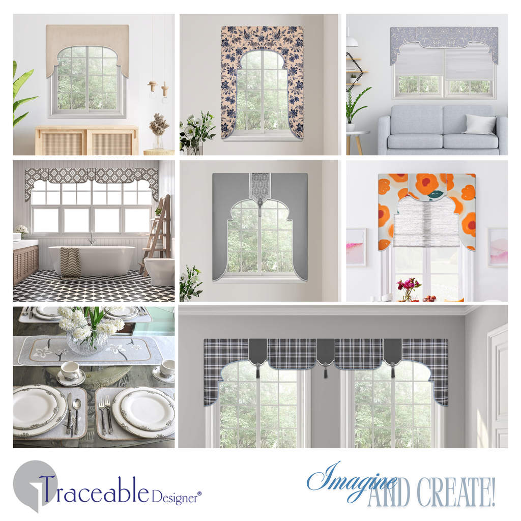 Traceable Designer arched no-sew rod pocket valance kit. Lined Lambrequin cornice styles are great for room darkening. Traceable design forms are the perfect sewing alternative for DIY projects. Use a standard curtain rod. Fit all window sizes.
