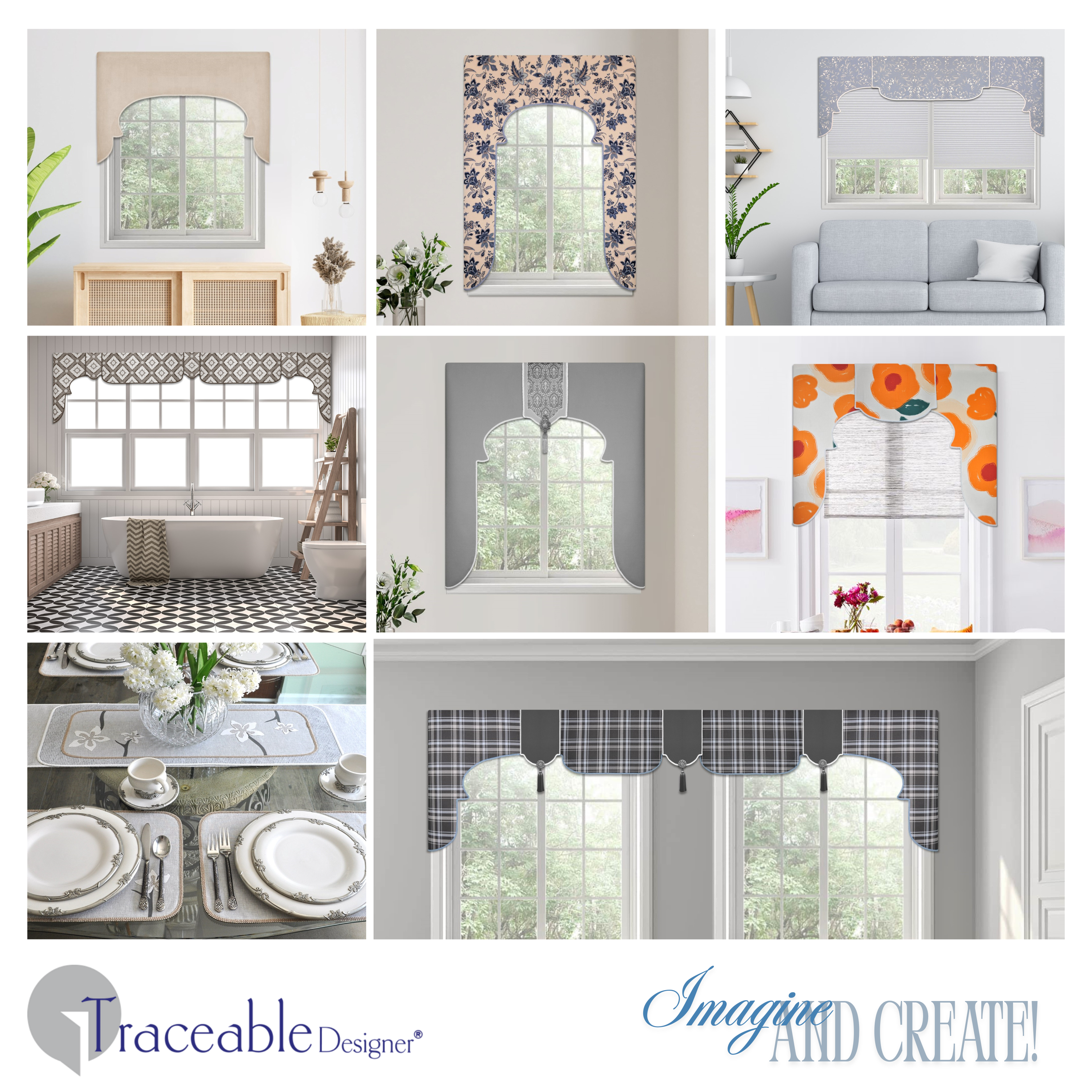 Traceable Designer arched no-sew rod pocket valance kit. Lined Lambrequin cornice styles are great for room darkening. Traceable design forms are the perfect sewing alternative for DIY projects. Use a standard curtain rod. Fit all window sizes.
